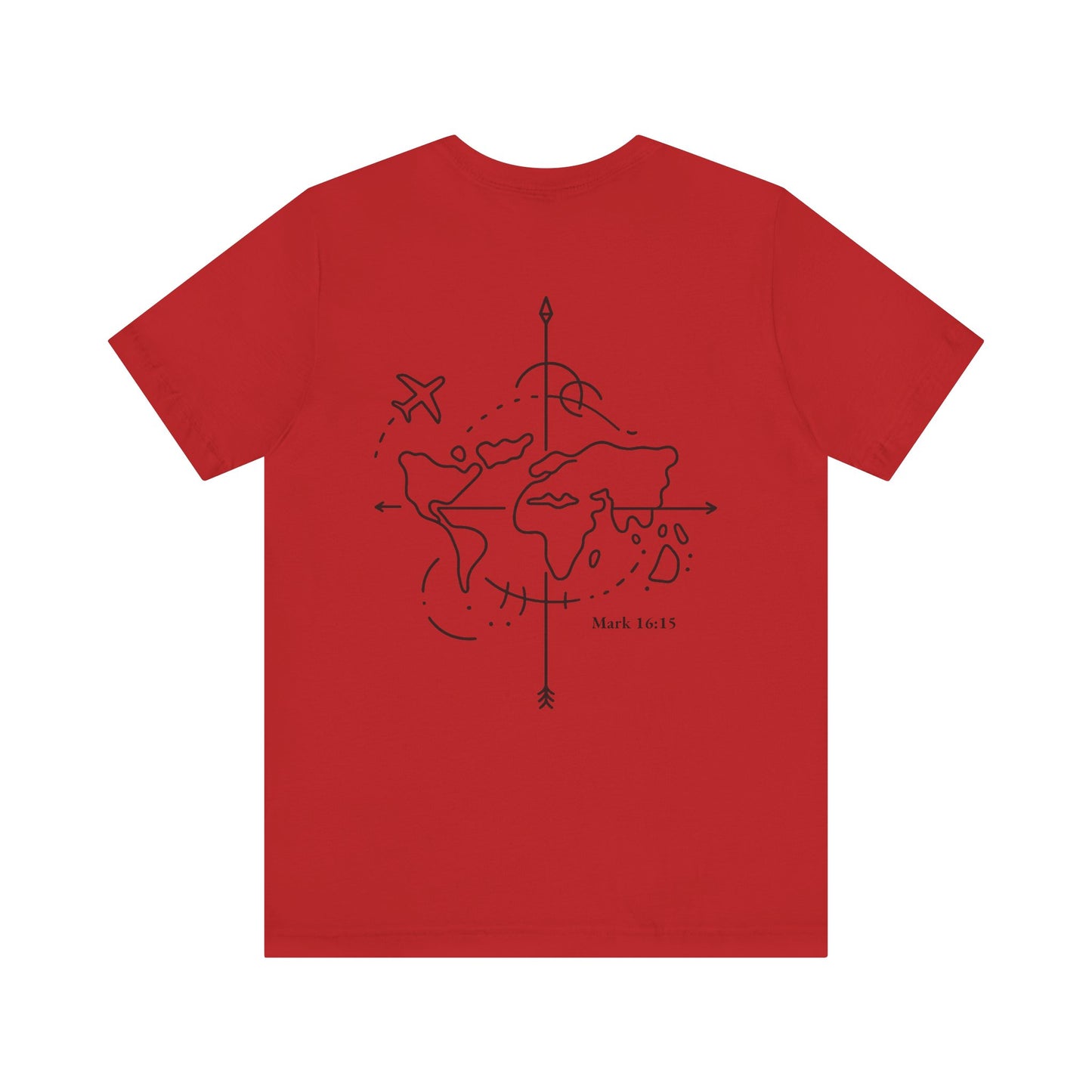 Religious travel t-shirt featuring "Jesus" and minimalist world map graphic