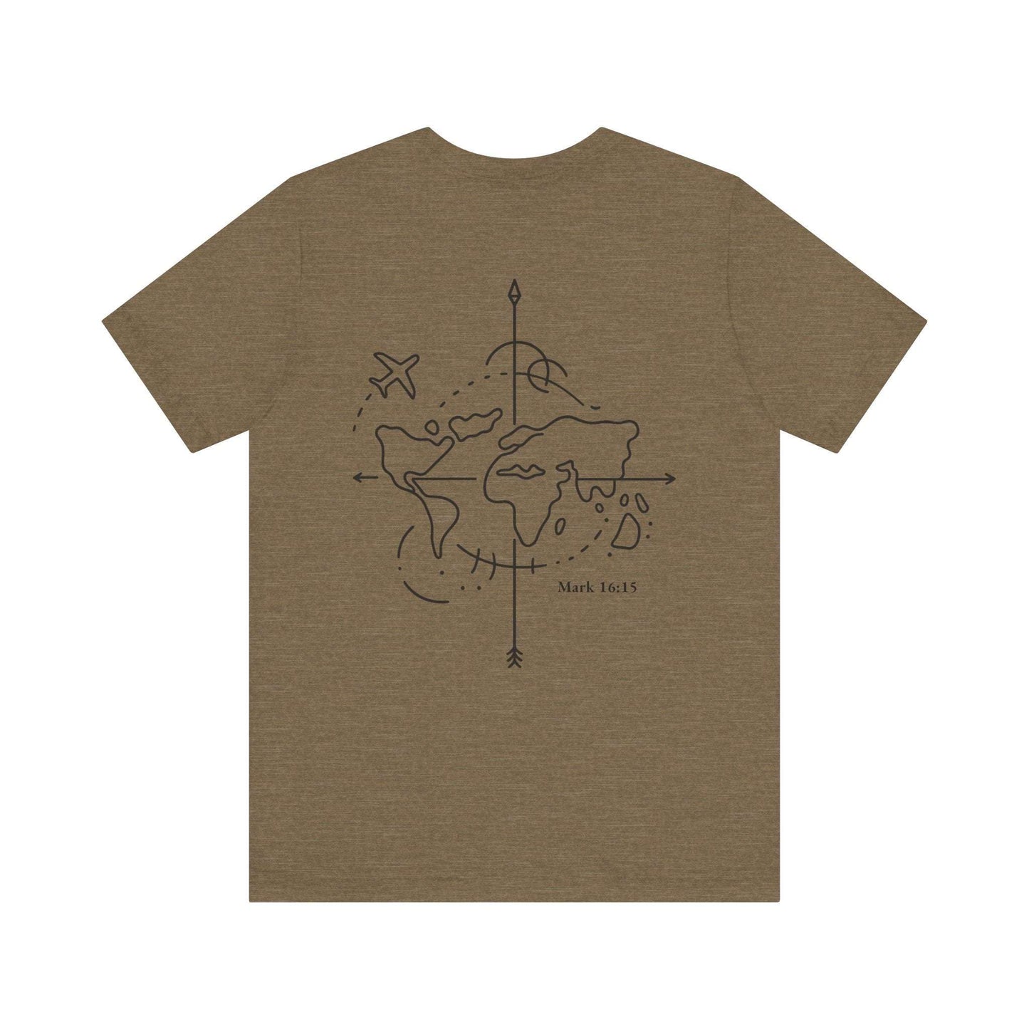 Christian travel t-shirt with "Jesus" design and minimalist world map