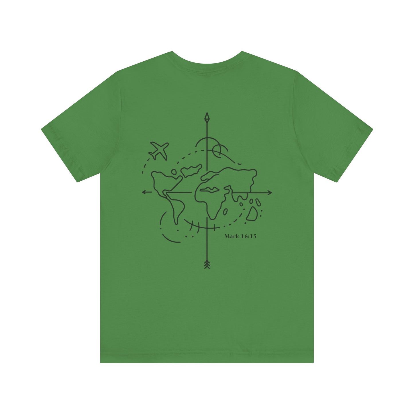 Inspirational t-shirt with cross, world map, and travel-related Christian symbols
