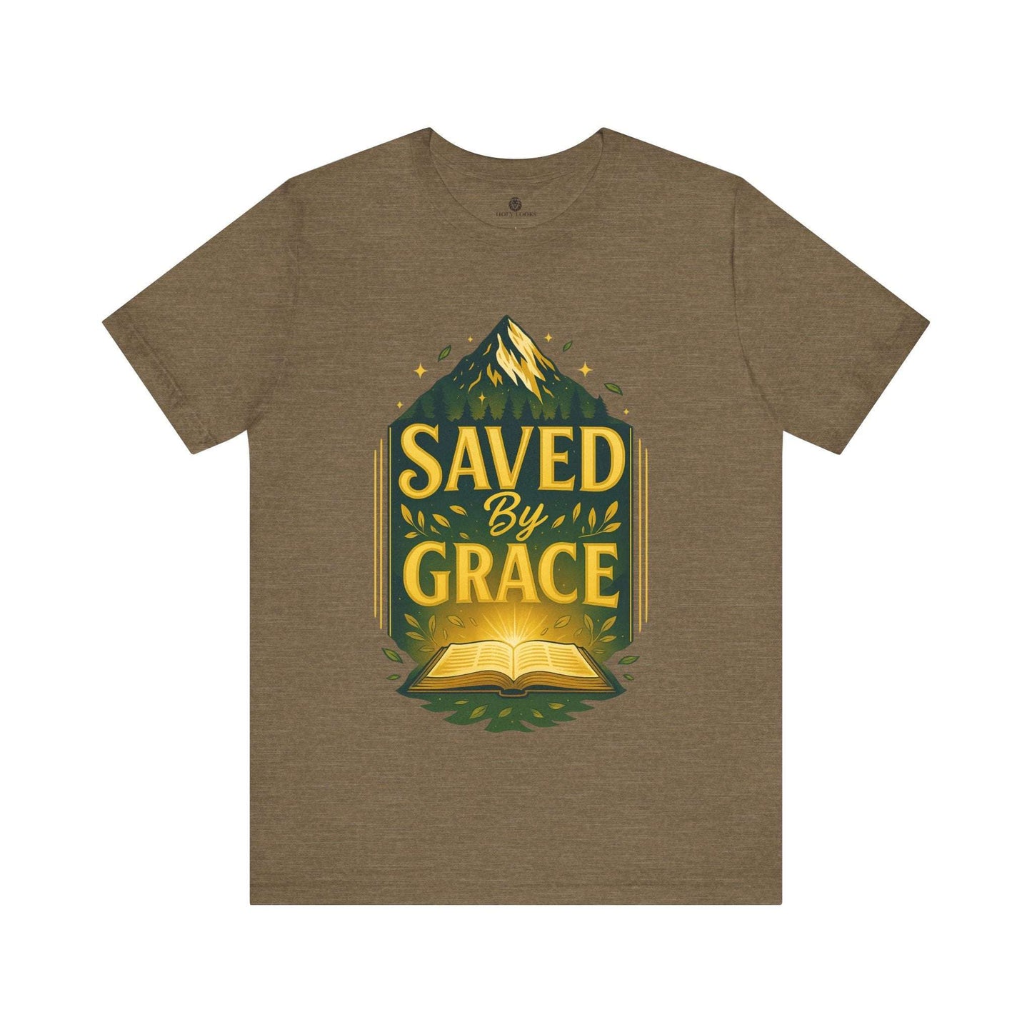 Brown unisex t-shirt with mountain, open Bible, and "Saved By Grace" scripture design inspired by Ephesians 2:8