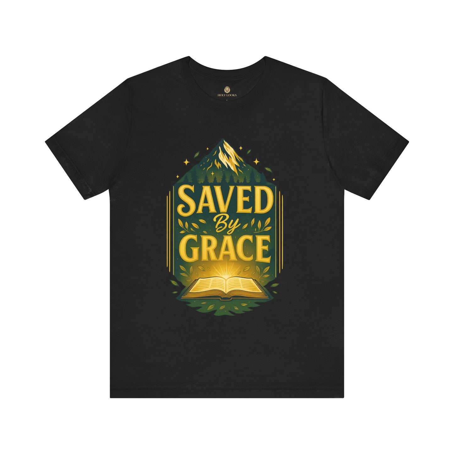 Black unisex tee with "Saved by Grace" text, mountain and open Bible graphic inspired by Ephesians 2:8 scripture.