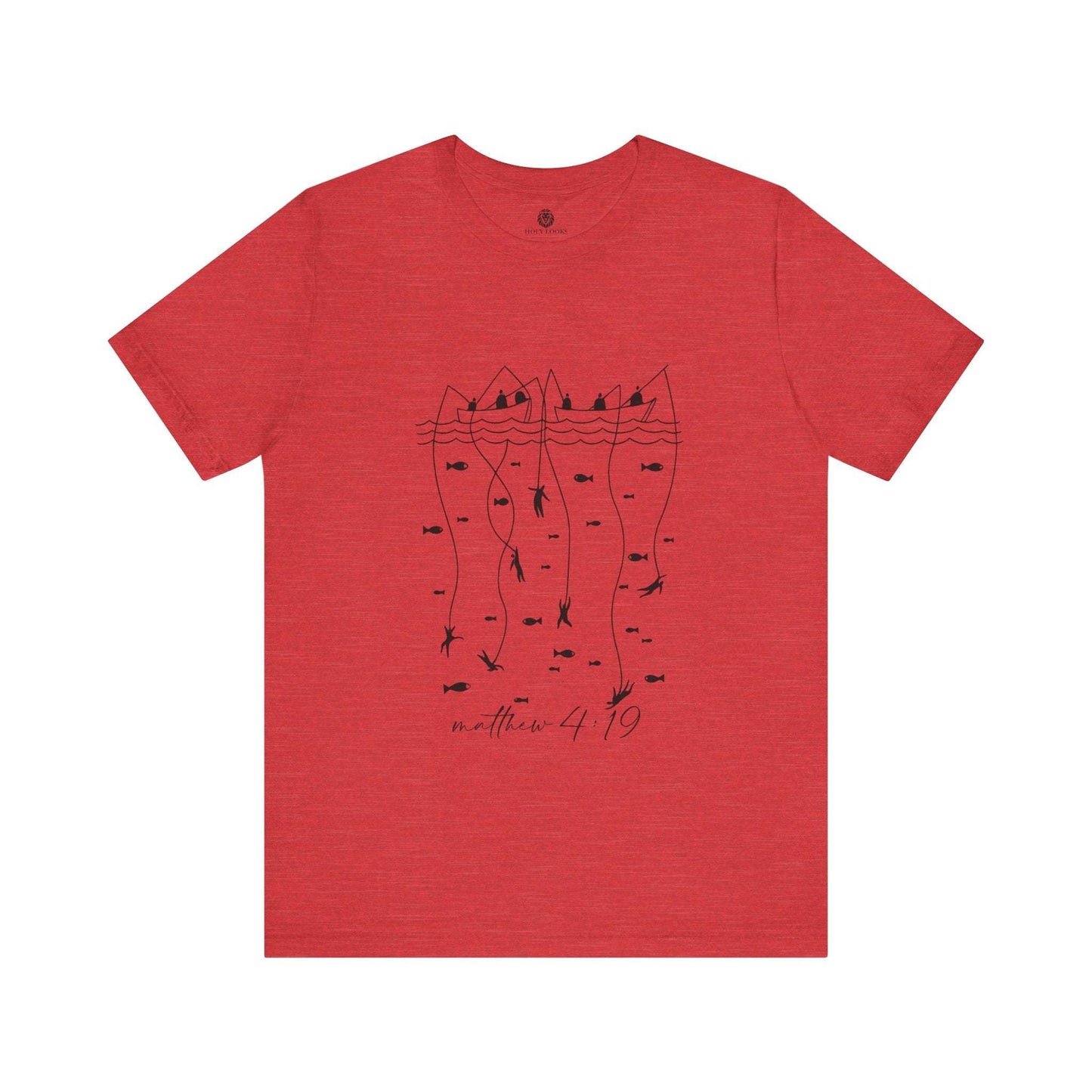 Faith-based couple t-shirts featuring "Matthew 4:19" and a fishing design