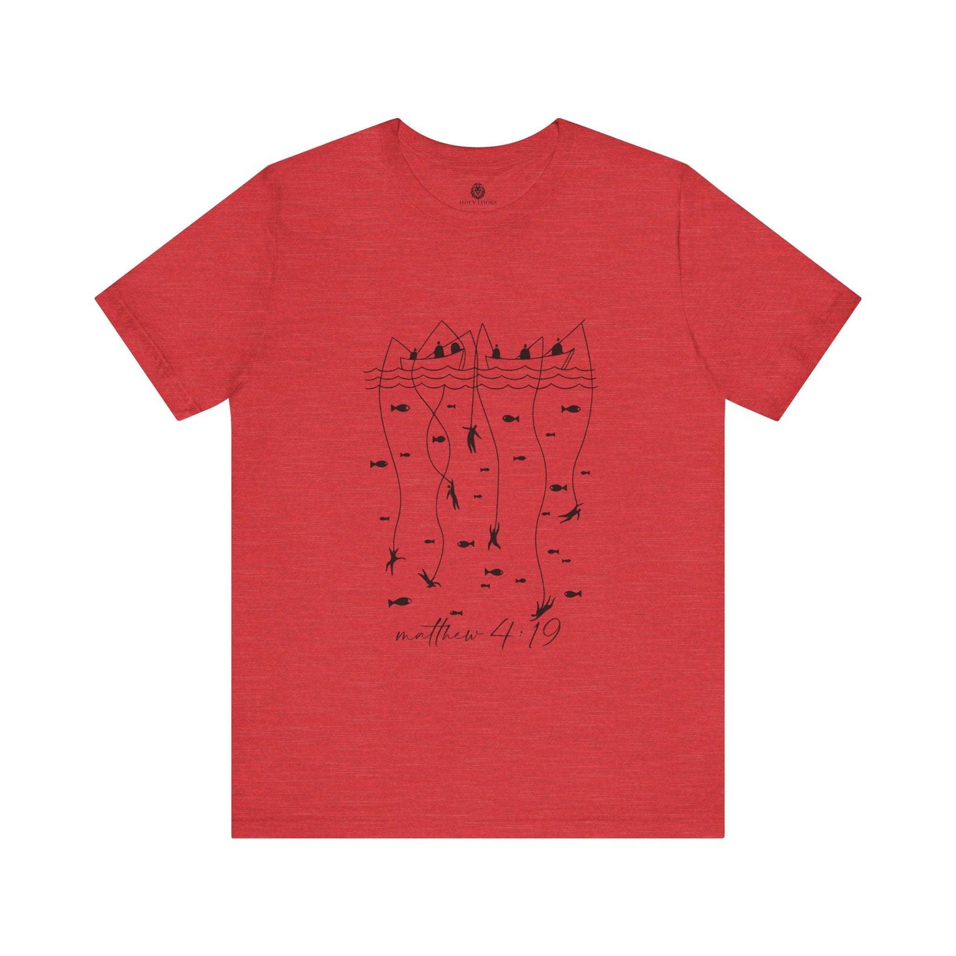Faith-based couple t-shirts featuring "Matthew 4:19" and a fishing design
