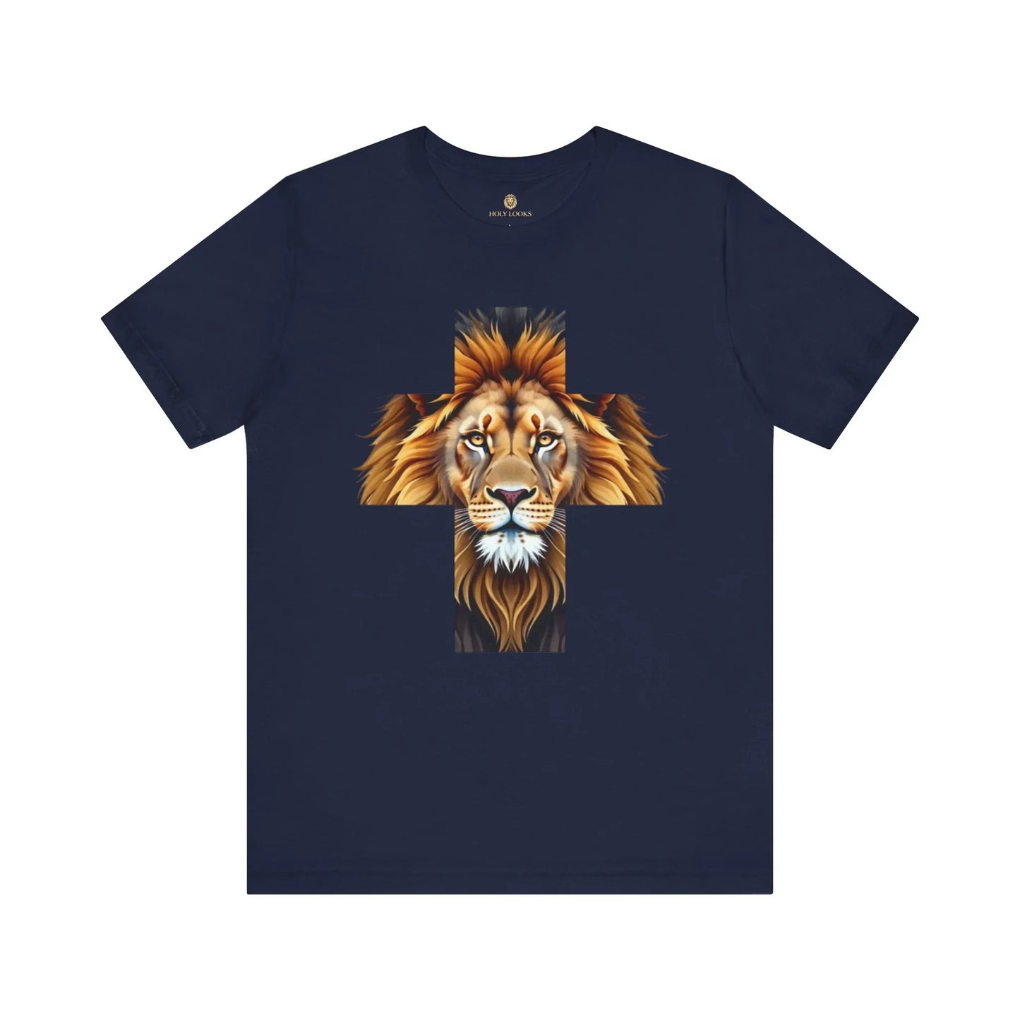 T-shirt with cross and roaring lion illustration for faith-based fashion