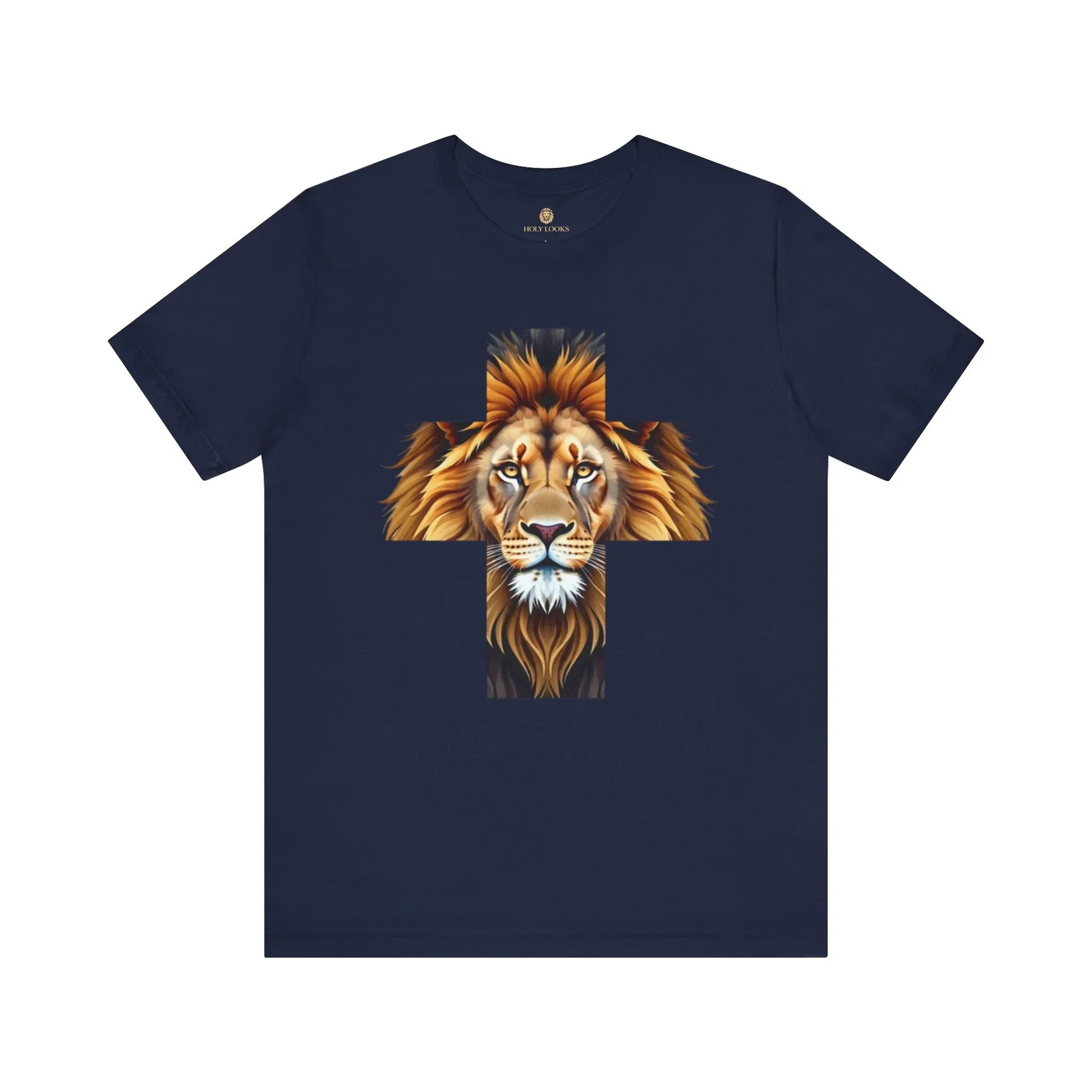 T-shirt with cross and roaring lion illustration for faith-based fashion