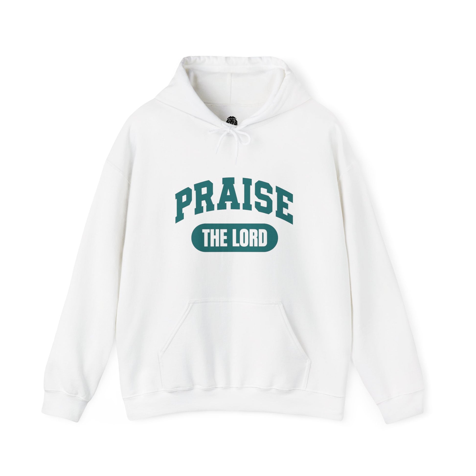 Religious hoodie with "PRAISE THE LORD" text and bold typography