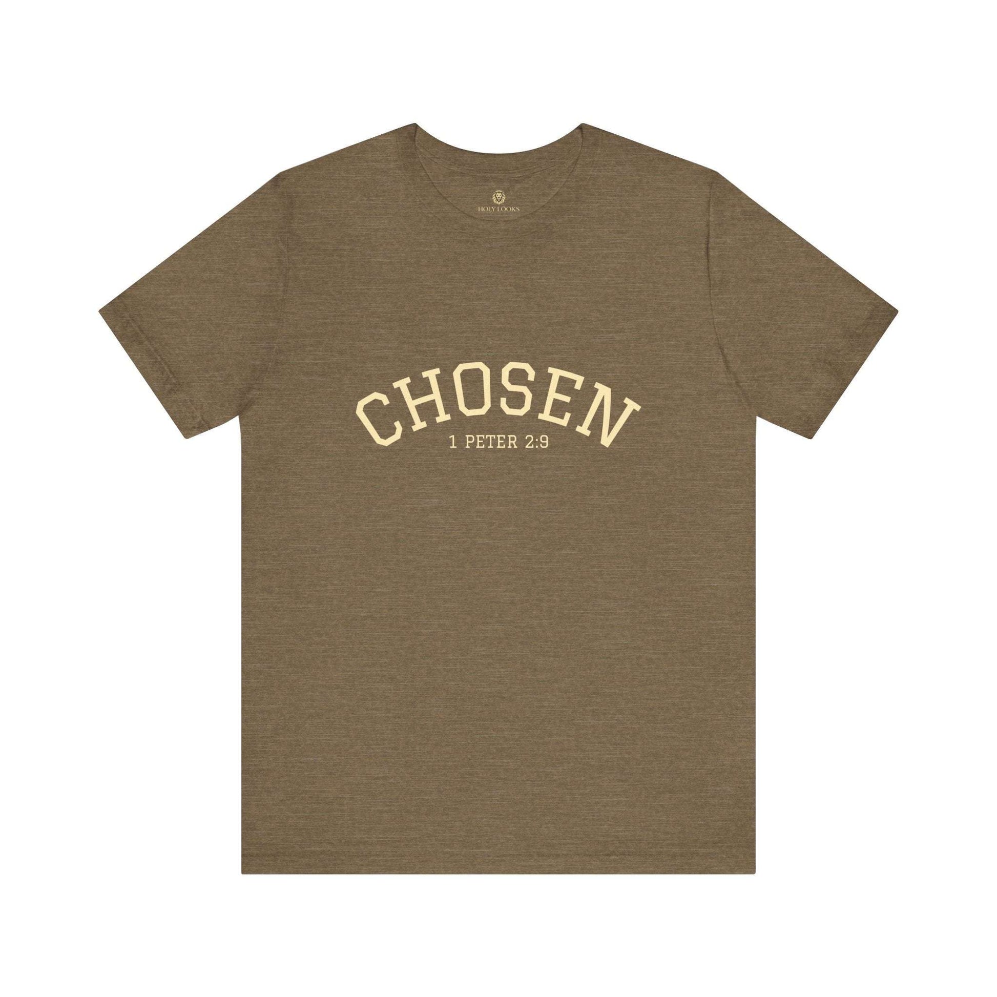 Faith tees for couples with "CHOSEN" and 1 Peter 2:9 verse