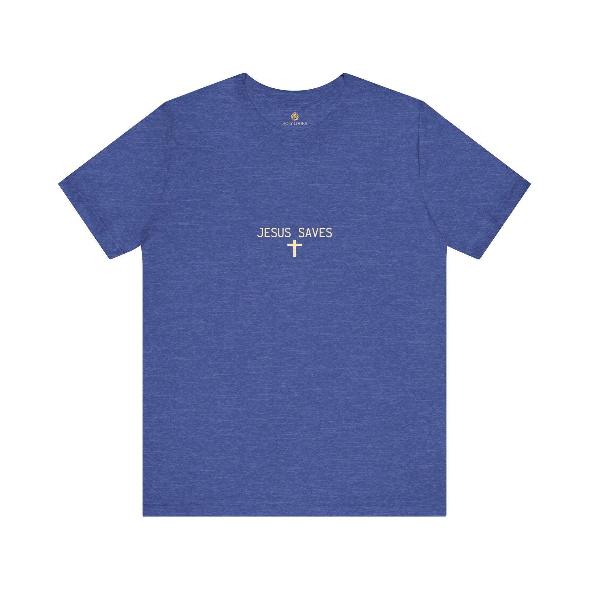 Inspirational couple t-shirts with "JESUS SAVES" and cross message
