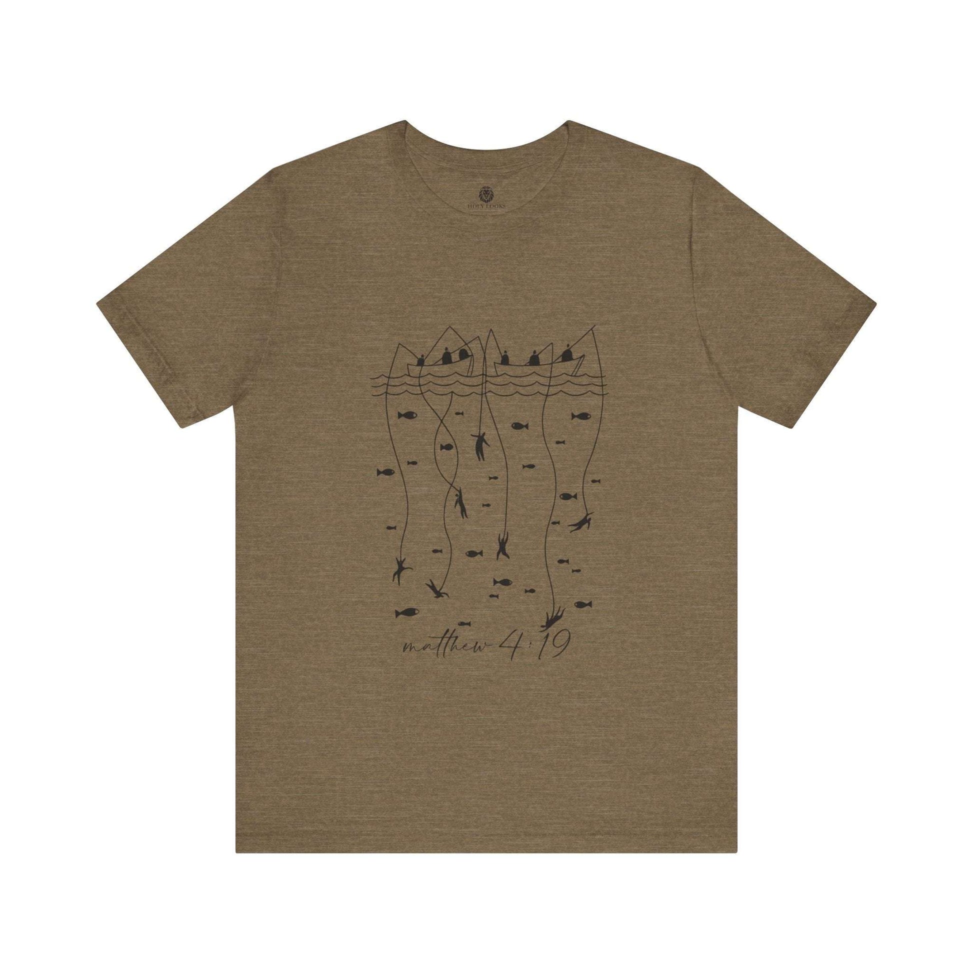 Inspirational t-shirts for couples with "Matthew 4:19" and fishing design