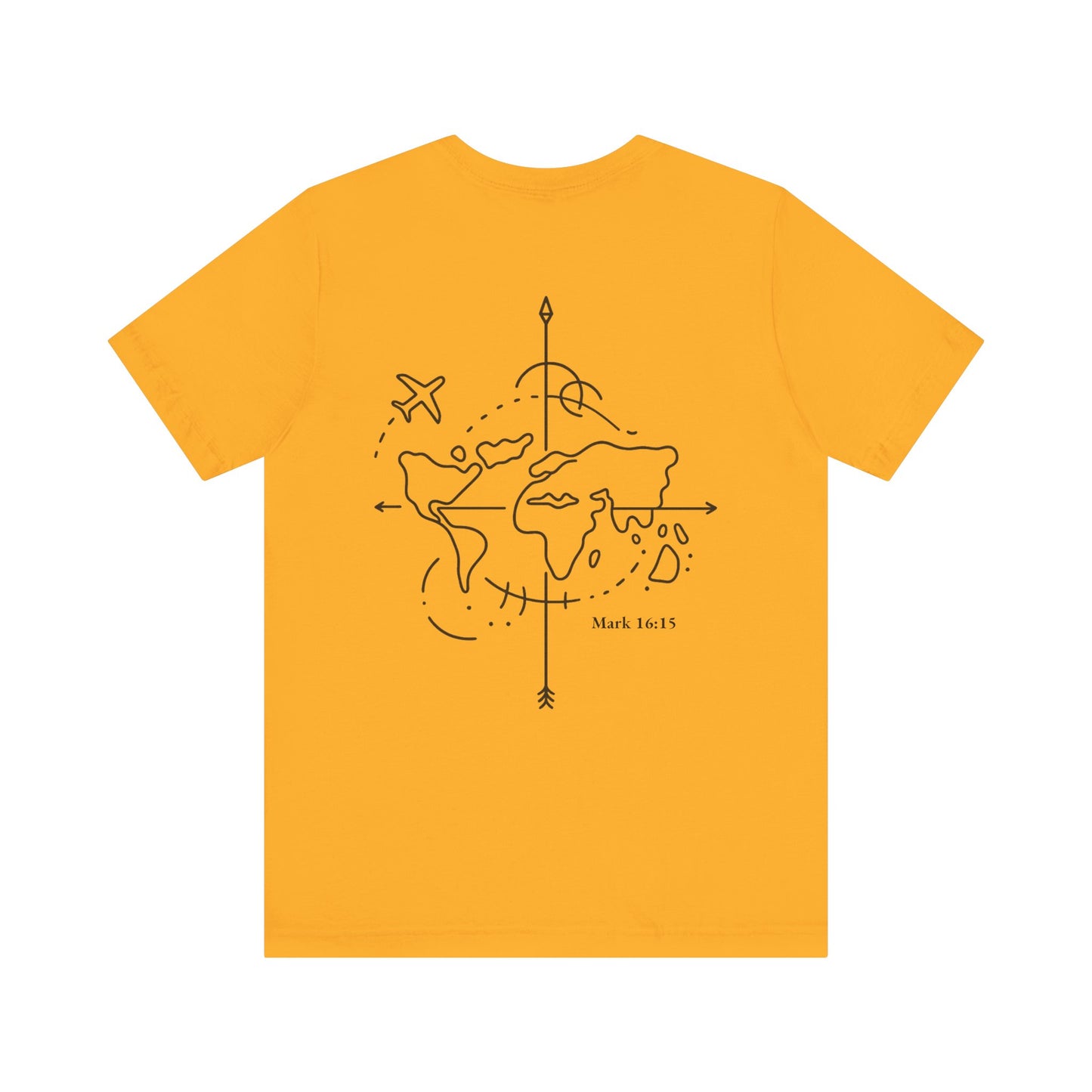 Christian tee featuring a world map and cross for a spiritual journey