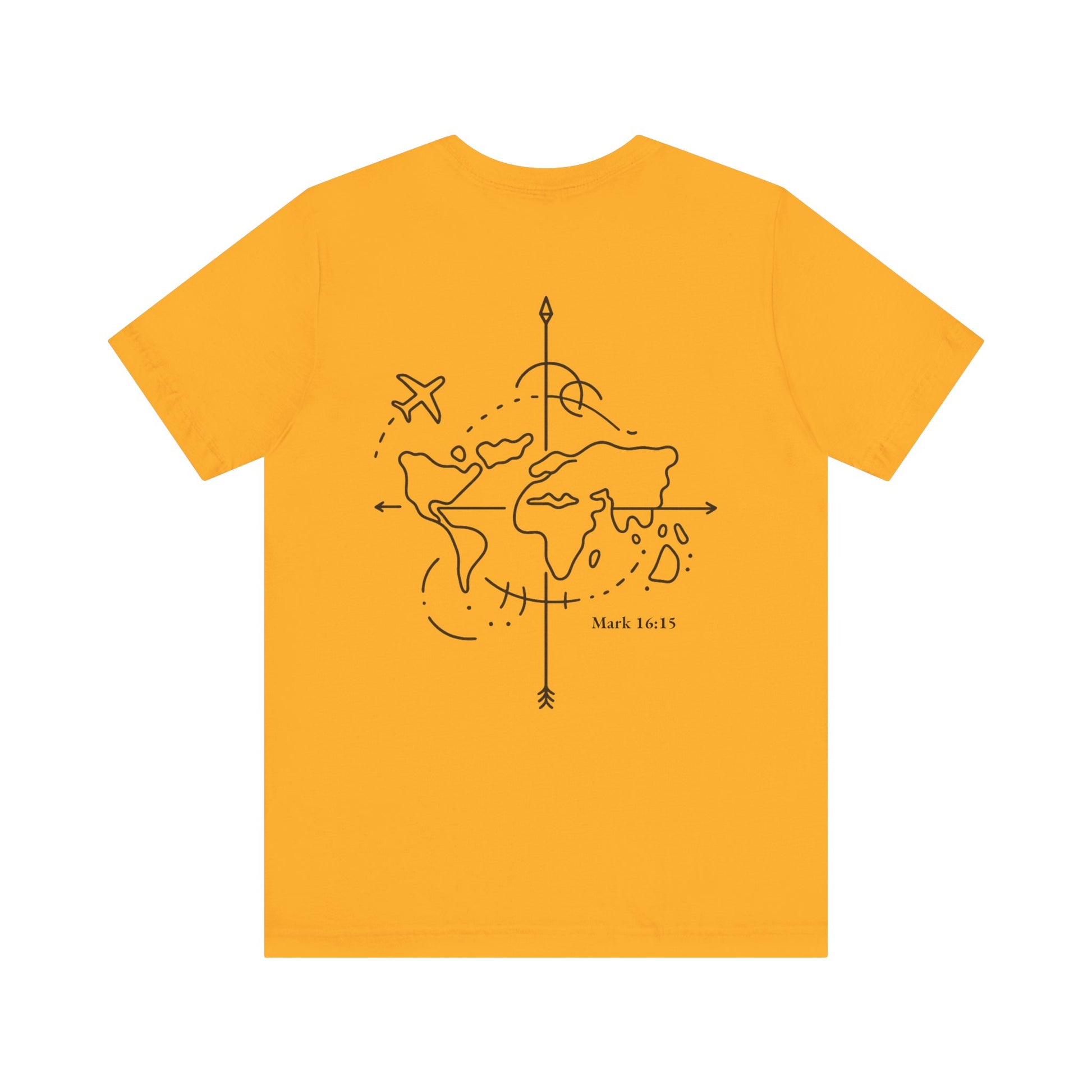 Christian tee featuring a world map and cross for a spiritual journey
