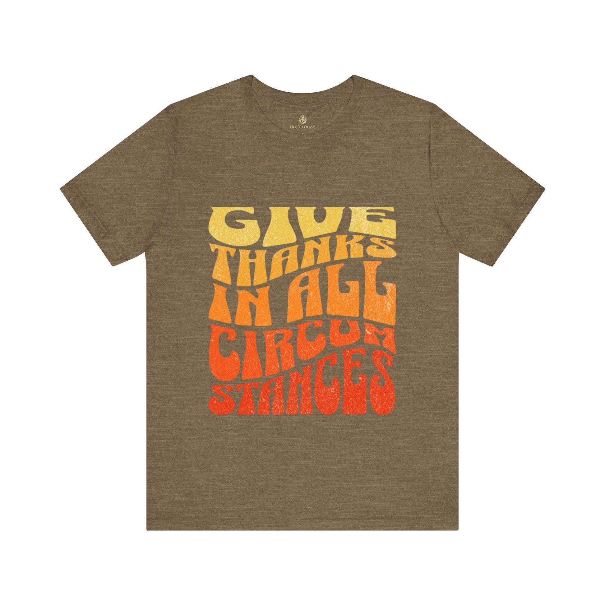 Christian fall t-shirt with "Give Thanks in All Circumstances" quote