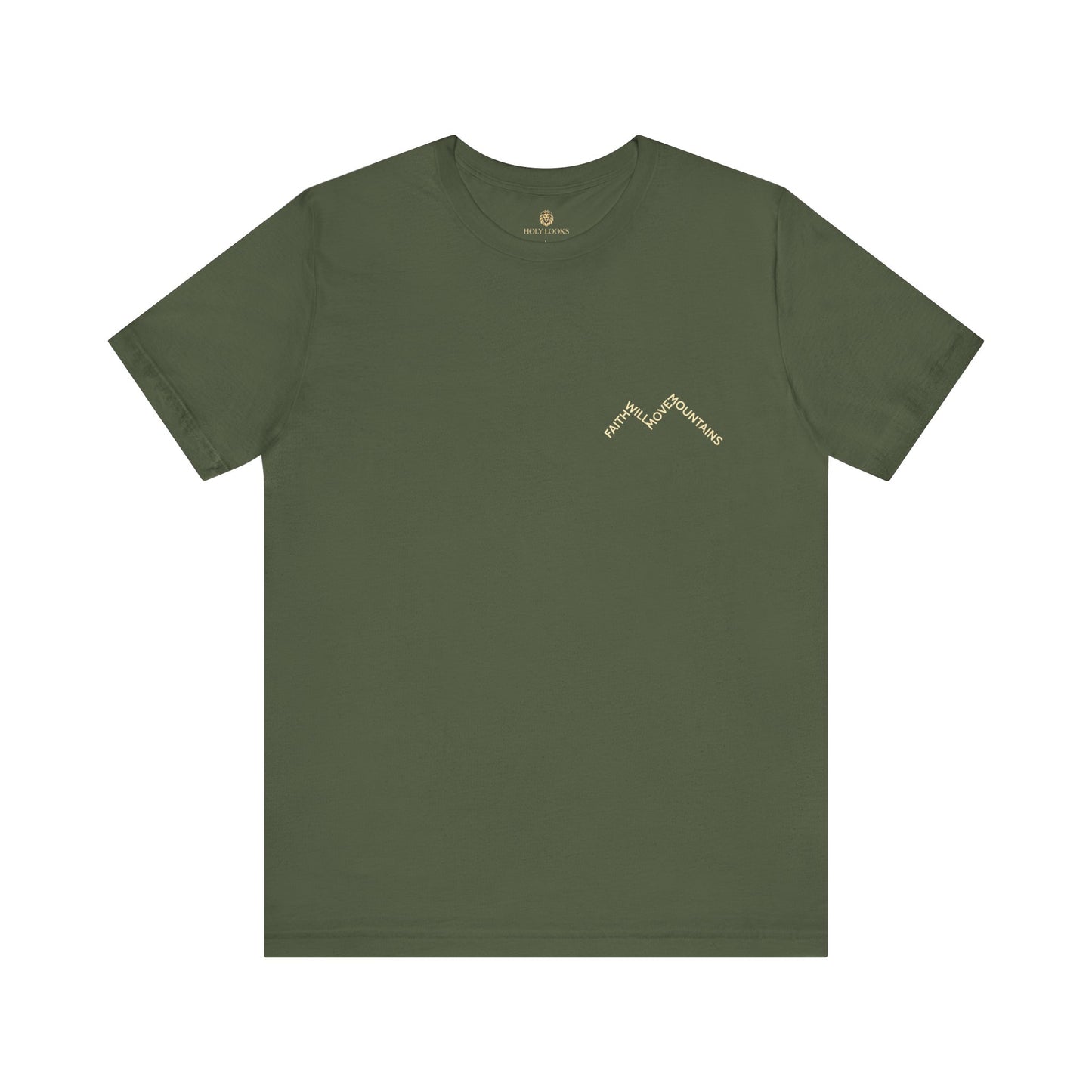 Christian graphic t-shirt with "FAITH WILL MOVE MOUNTAINS" inspiring message