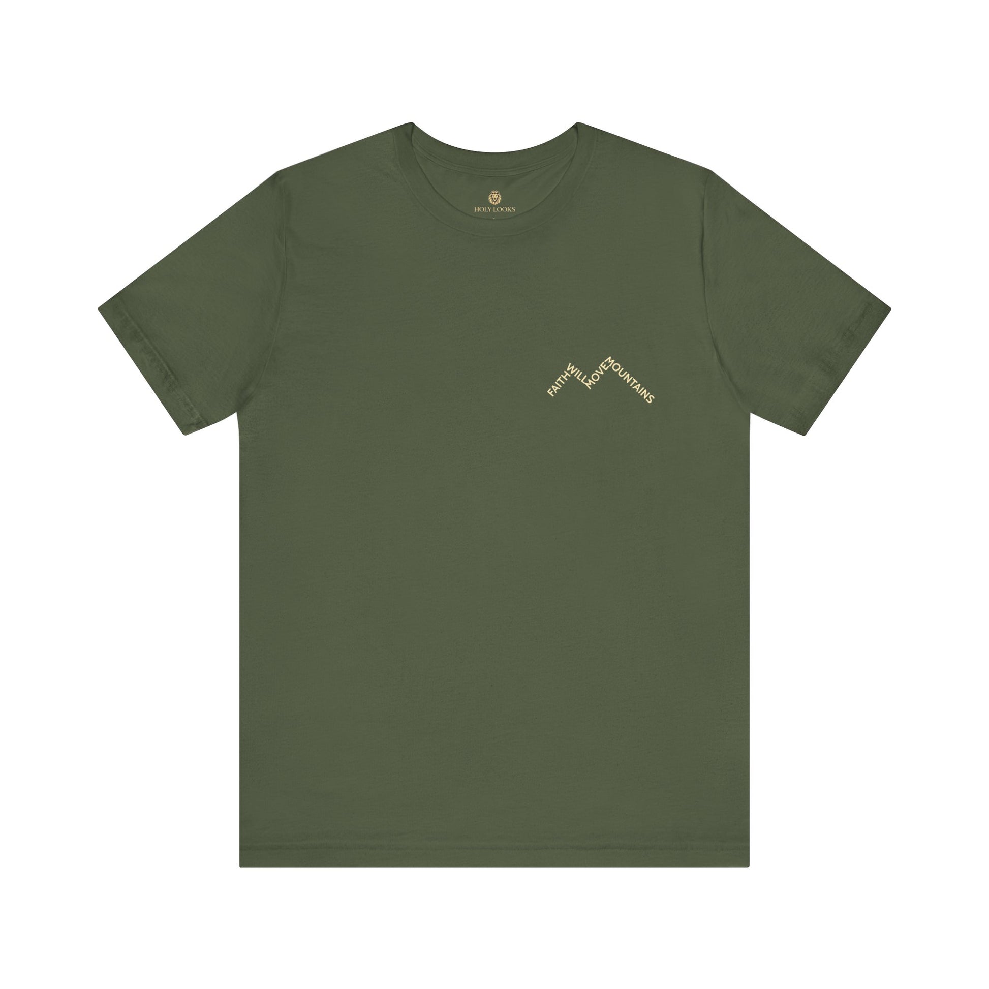 Christian graphic t-shirt with "FAITH WILL MOVE MOUNTAINS" inspiring message