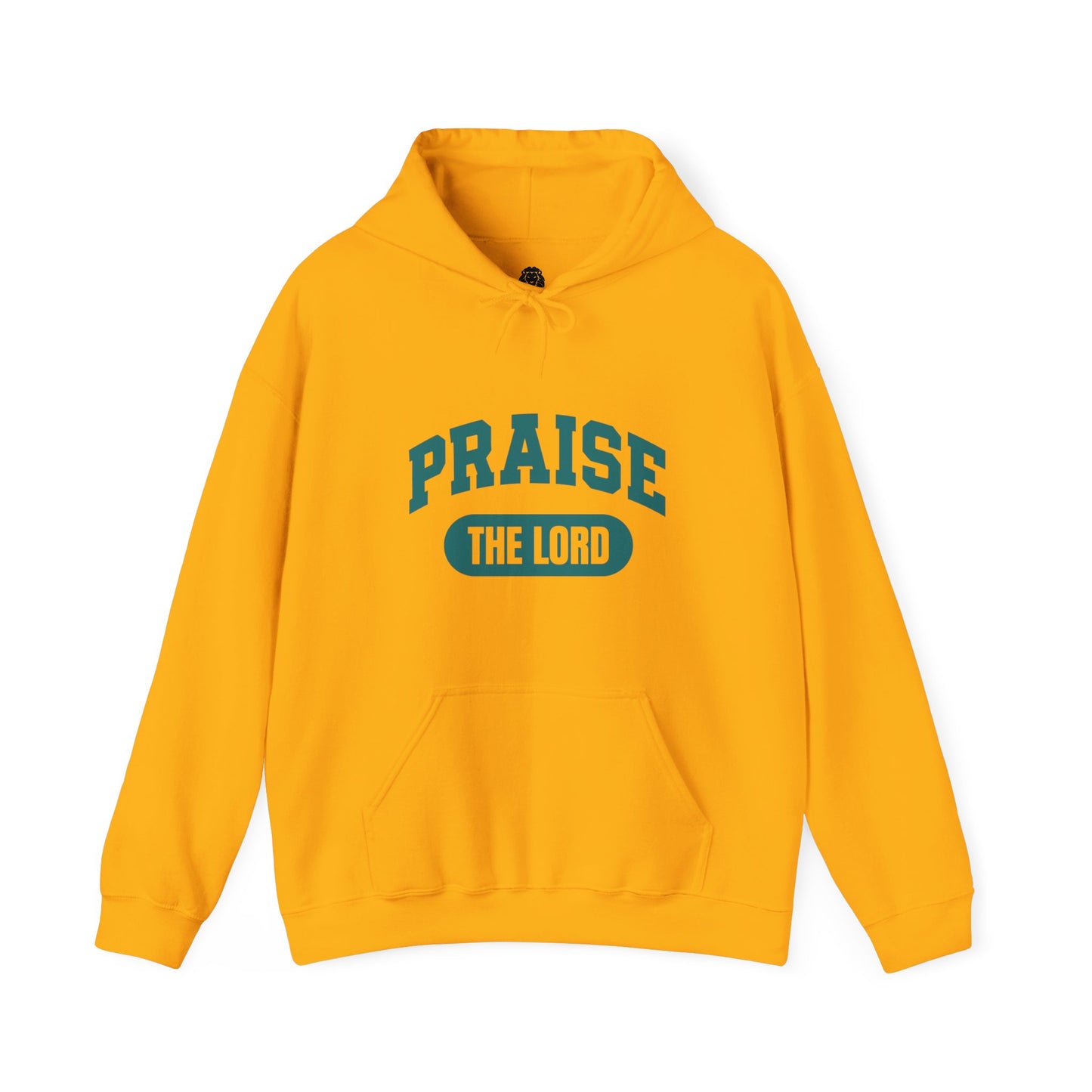 Faith-based hoodie with "PRAISE THE LORD" in vibrant yellow lettering