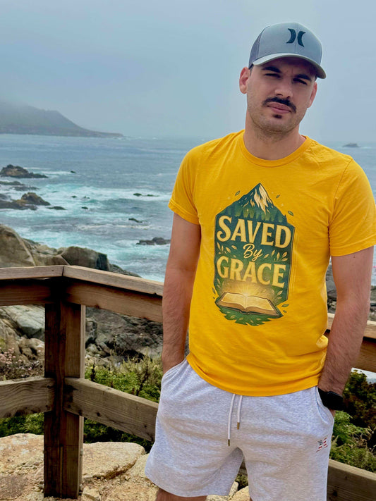 Christian t-shirt with "Saved by Grace" message and Bible graphic