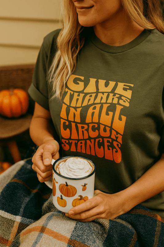Christian t-shirt with "Give Thanks in All Circumstances" fall design