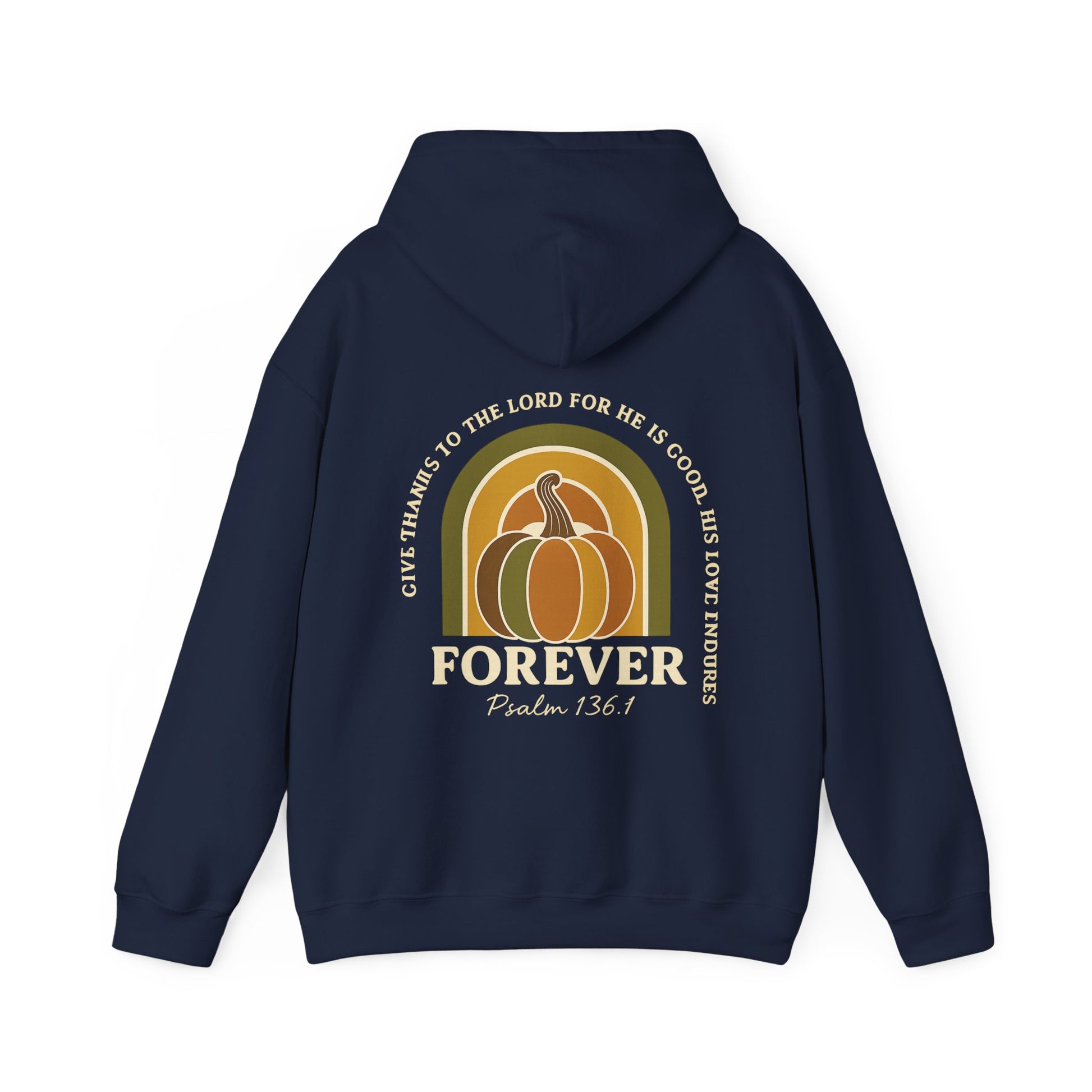 Christian hoodie with Psalm 136:1 quote and autumn-inspired design