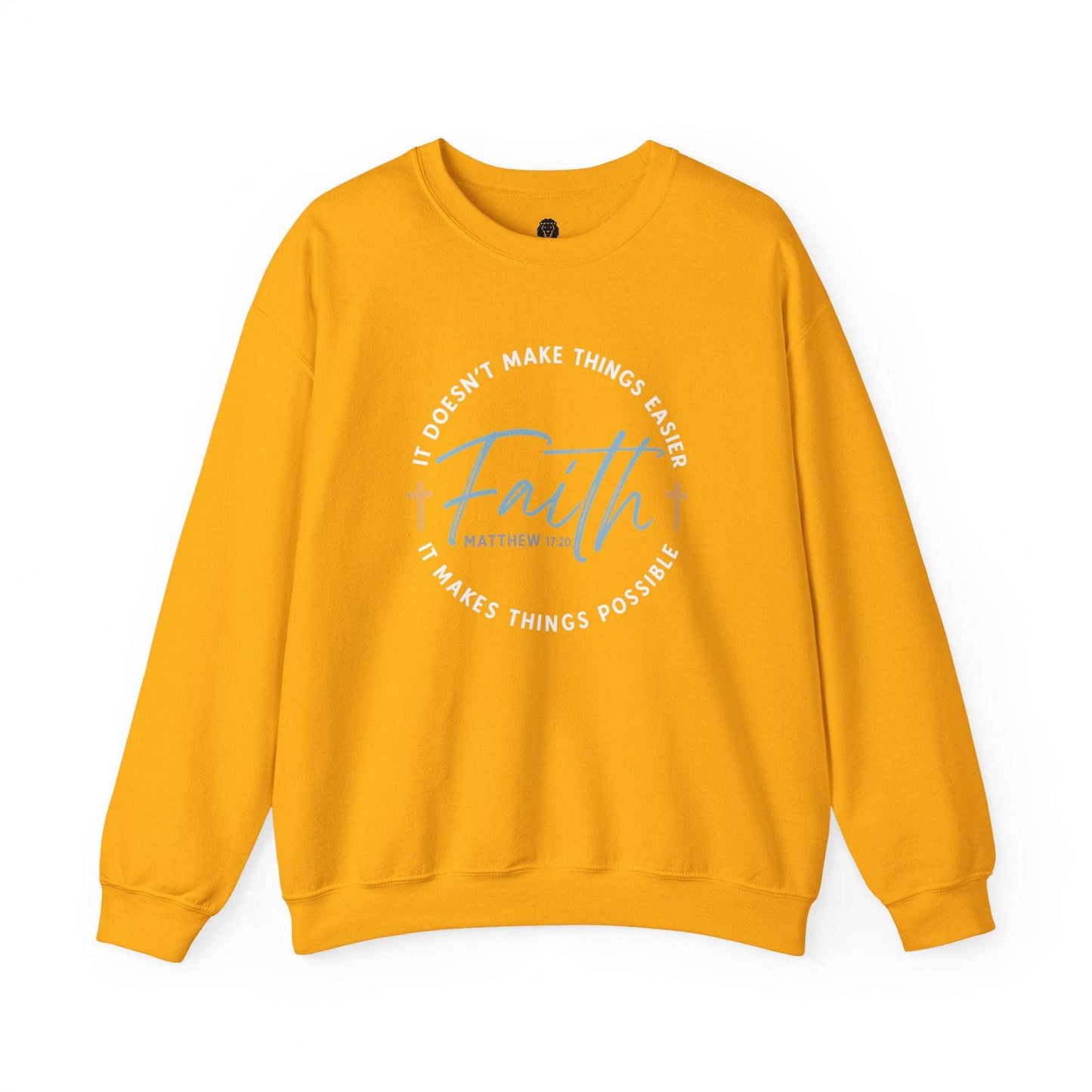Christian sweatshirt with "Faith" design and scripture from Matthew 17:20