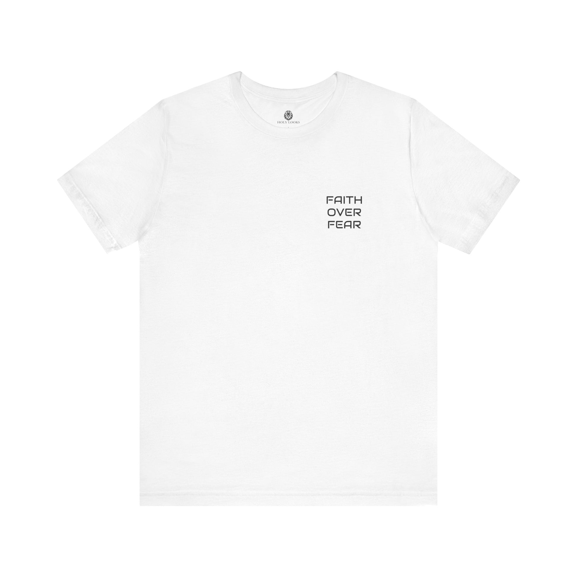 Faith-based t-shirt with "FAITH OVER FEAR" slogan in minimalist font