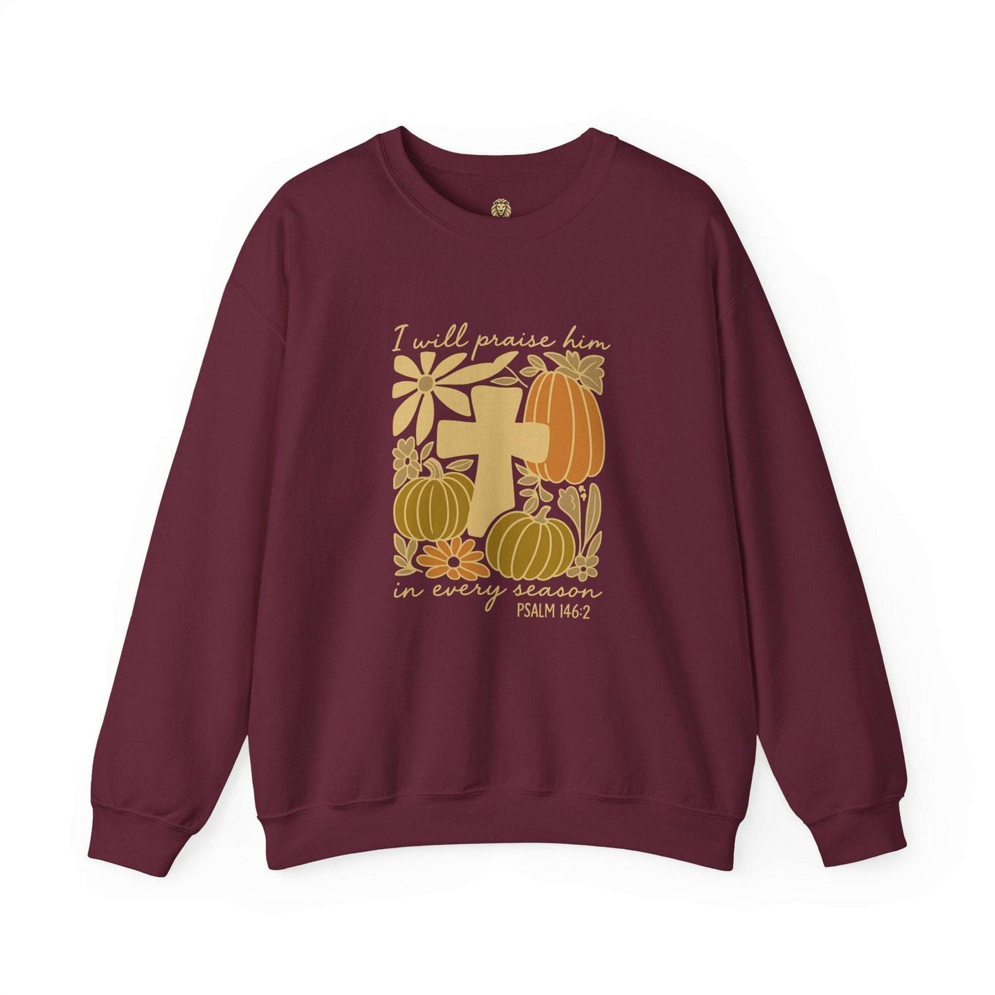 Fall-themed Christian sweatshirt with Bible verse and cross design