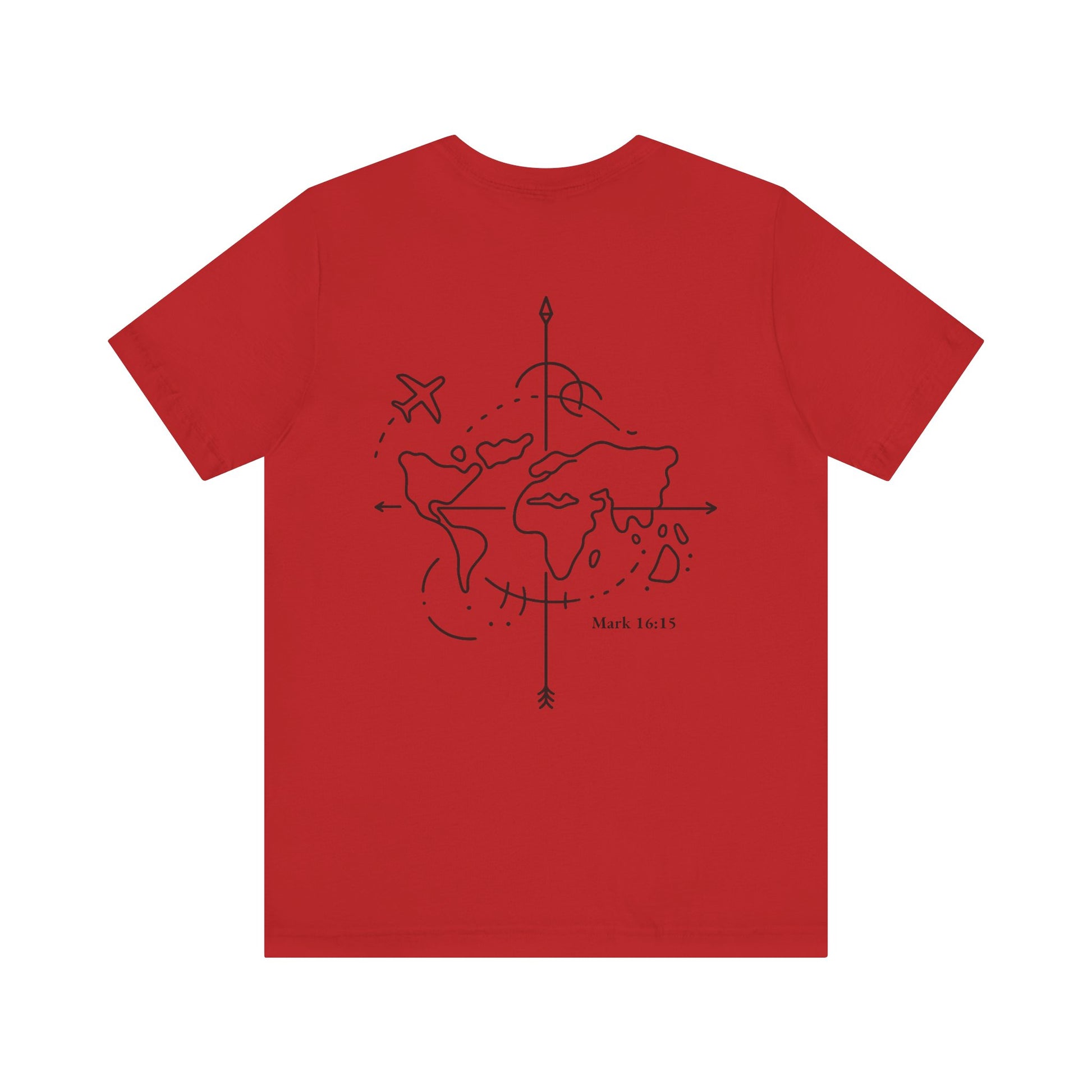 Religious travel t-shirt featuring "Jesus" and minimalist world map graphic
