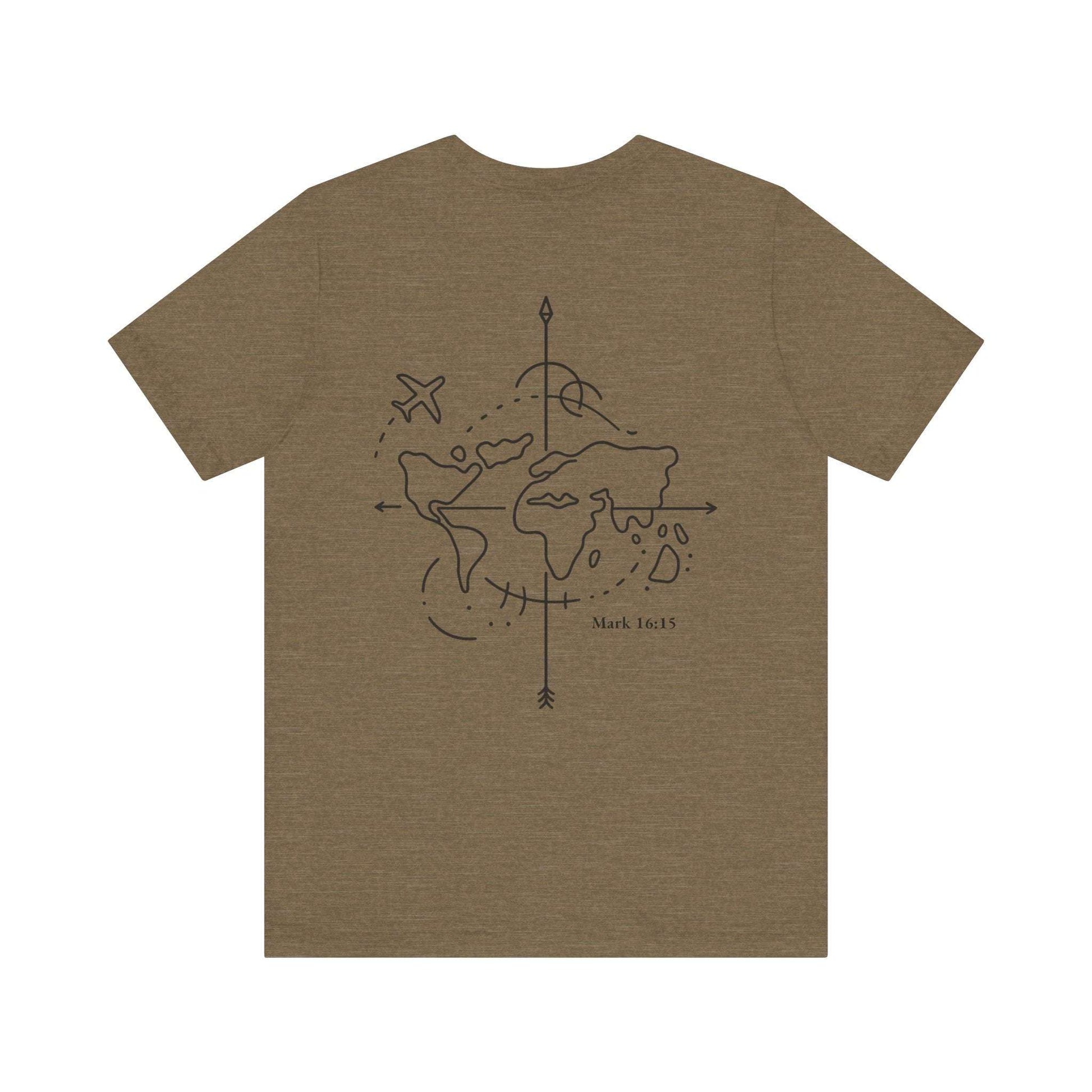 Christian travel t-shirt with "Jesus" design and minimalist world map