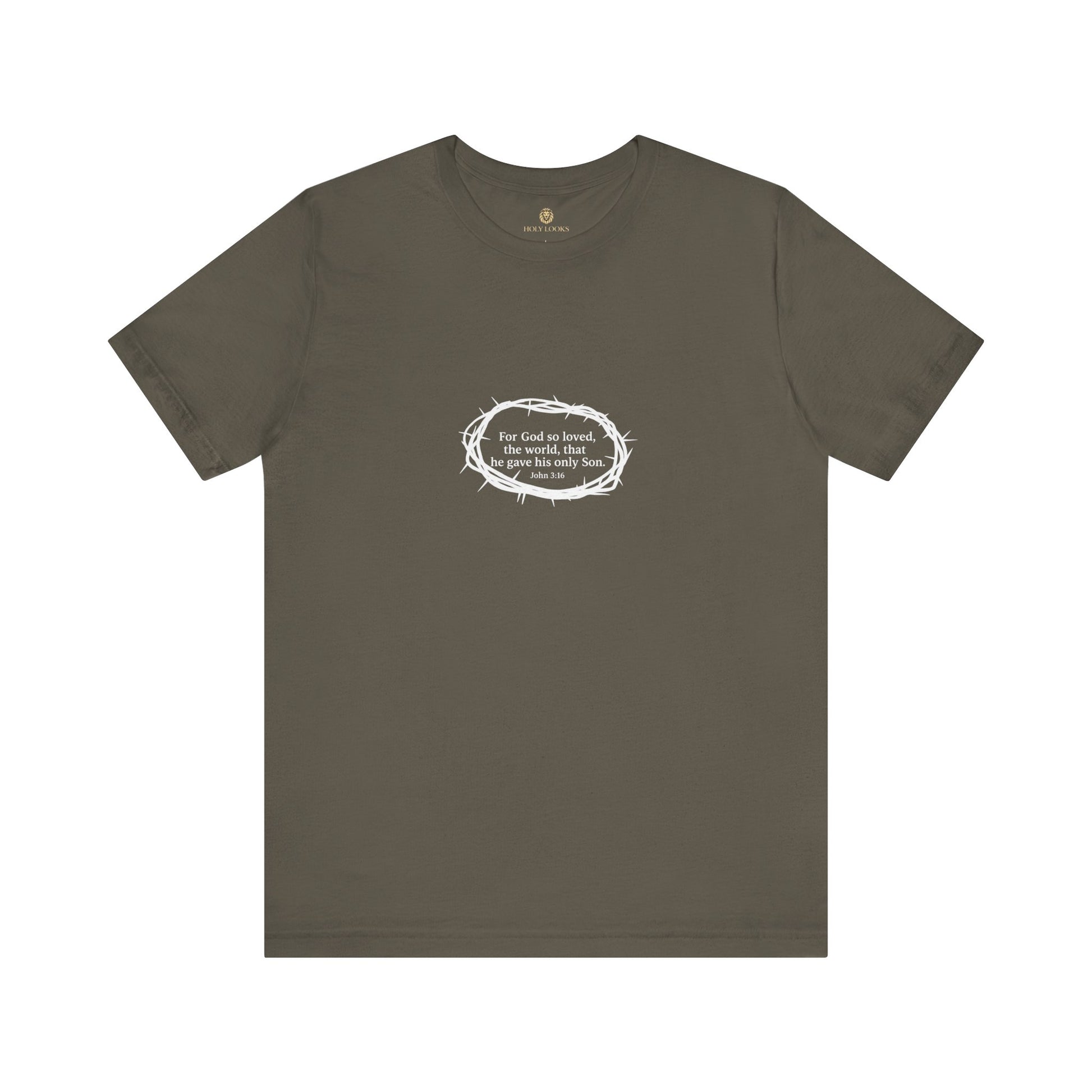 Religious t-shirt with John 3:16 quote and thorns wreath graphic