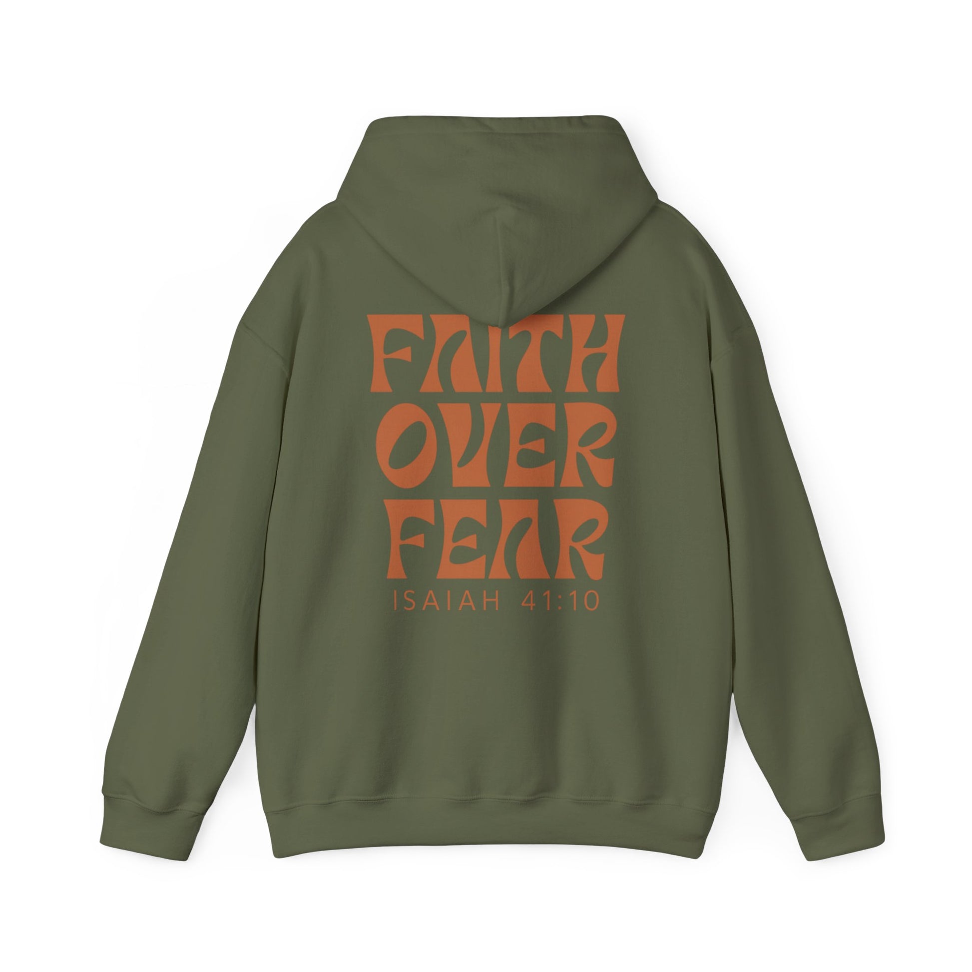 Religious hoodie with bold "FAITH OVER FEAR" and Isaiah 41:10 design