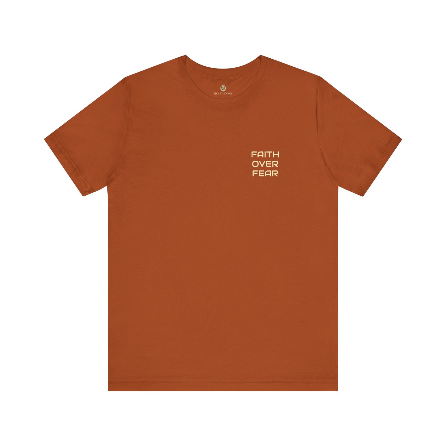 Motivational t-shirt with "FAITH OVER FEAR" text on the chest