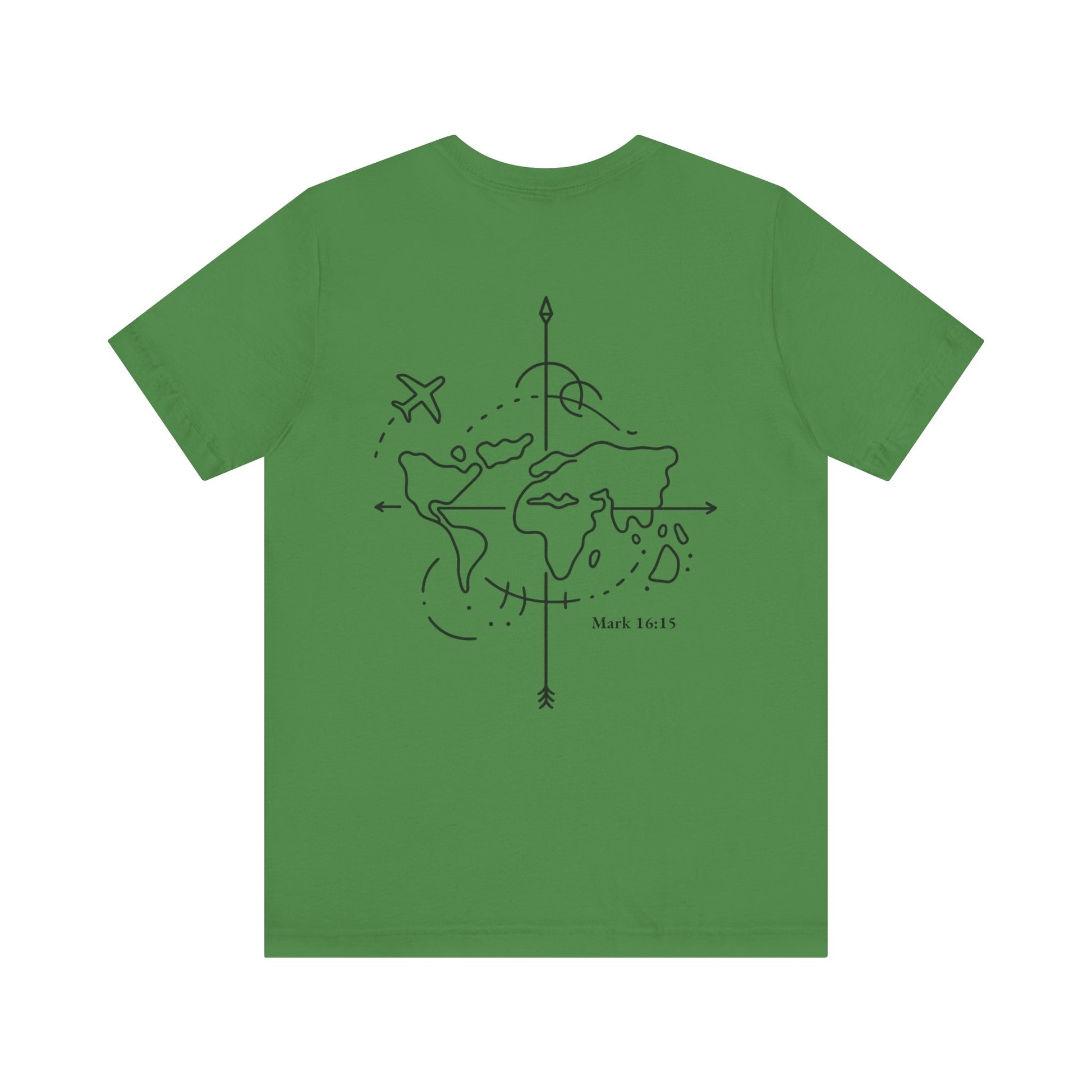 Inspirational t-shirt with cross, world map, and travel-related Christian symbols
