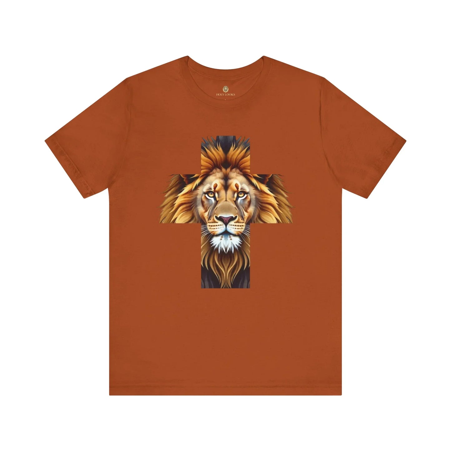 Christian clothing with a bold lion face and cross graphic