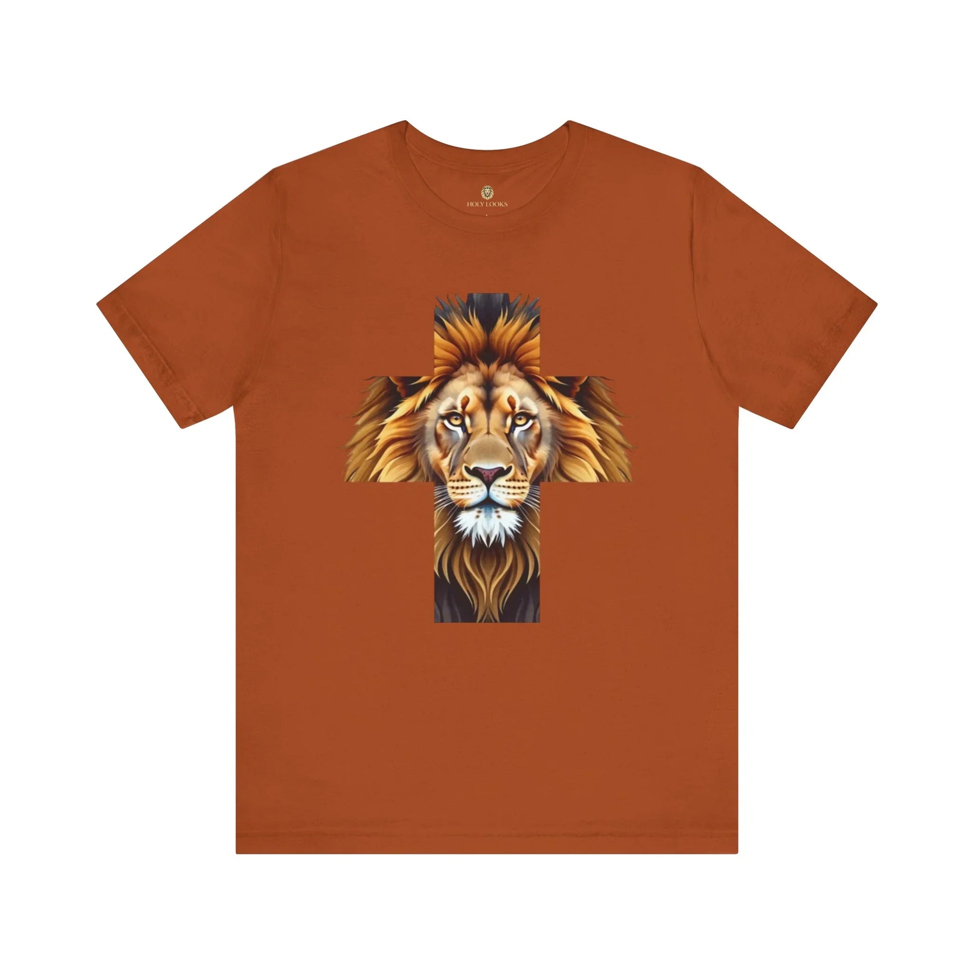Christian clothing with a bold lion face and cross graphic