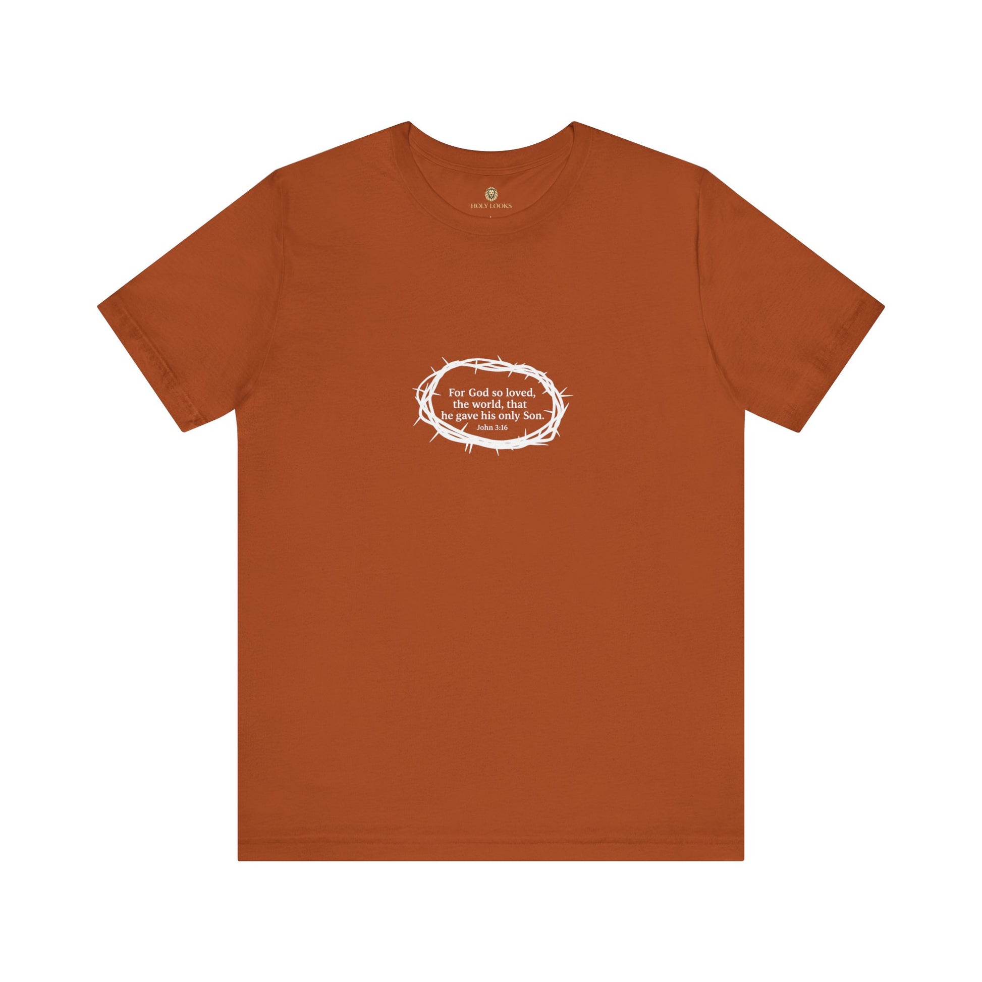 Christian graphic tee with "For God so loved the world" and Bible verse
