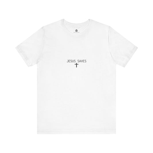 Faith-based couple's t-shirts with "JESUS SAVES" and cross graphic