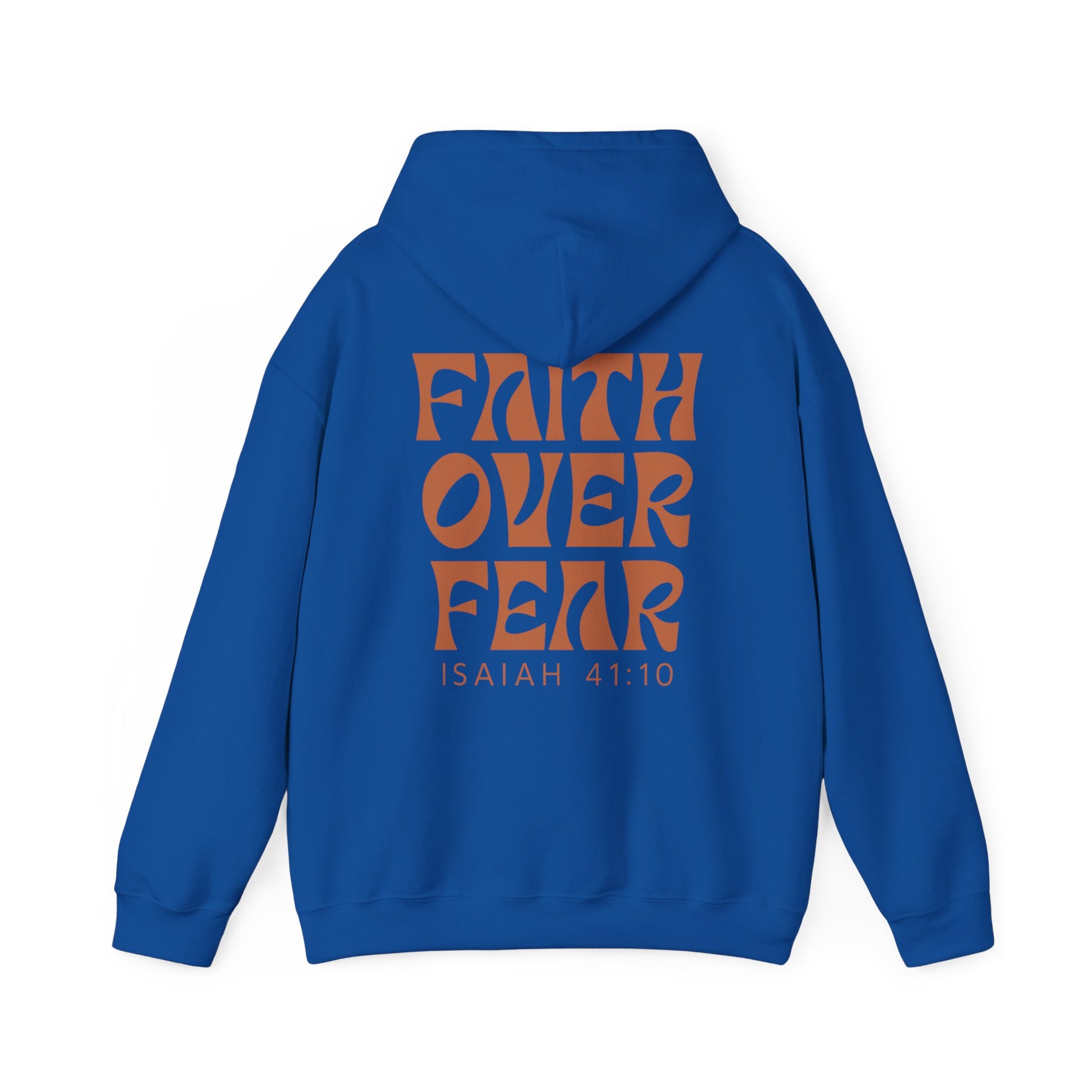 Christian hoodie with "FAITH OVER FEAR" statement and Isaiah 41:10 scripture