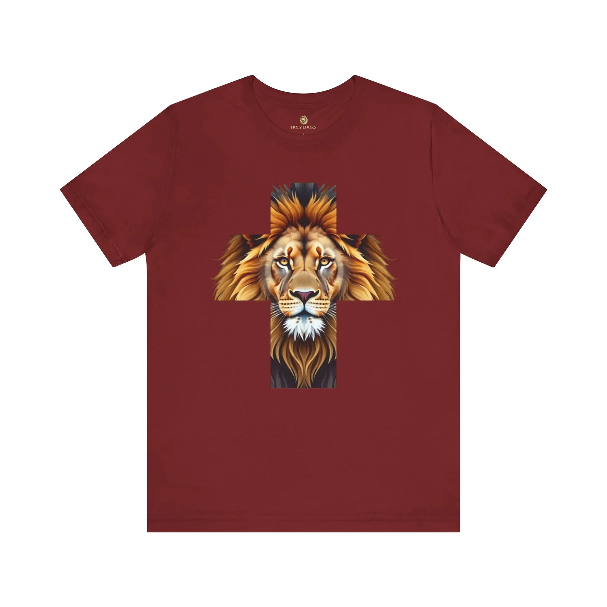 Faith-based graphic tee with a lion and cross symbol