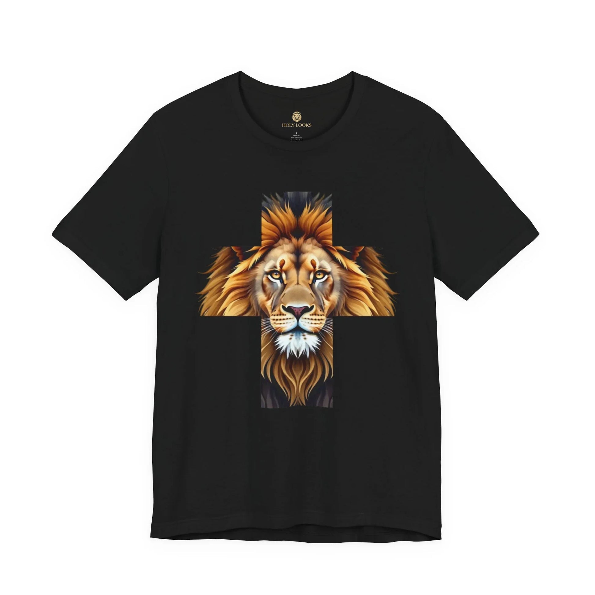 "Lion of Judah" graphic tee with cross and lion face illustration