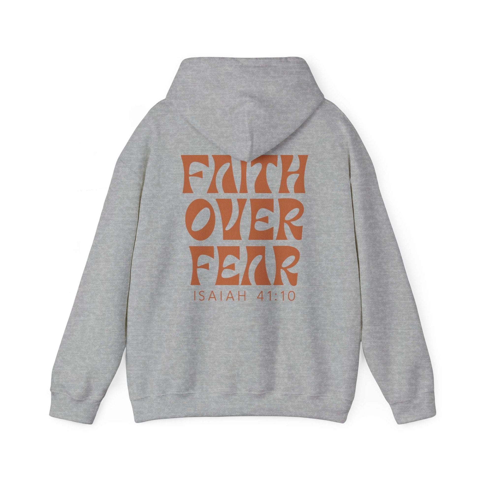 Faith-based hoodie featuring "FAITH OVER FEAR" with scripture reference