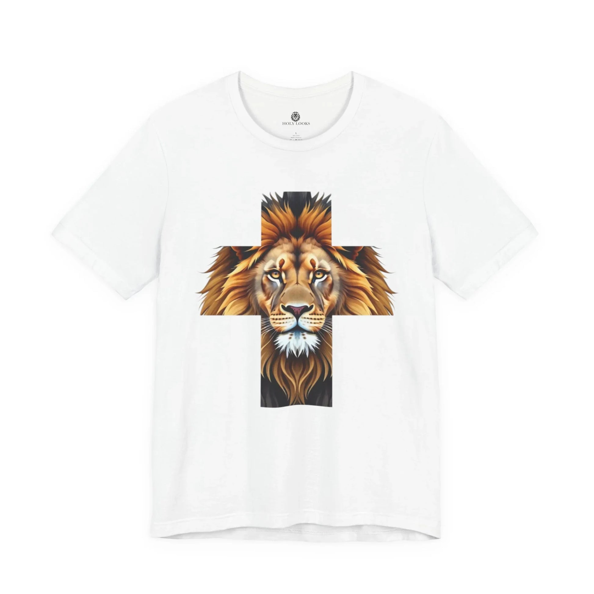 Black t-shirt featuring a lion head and cross graphic