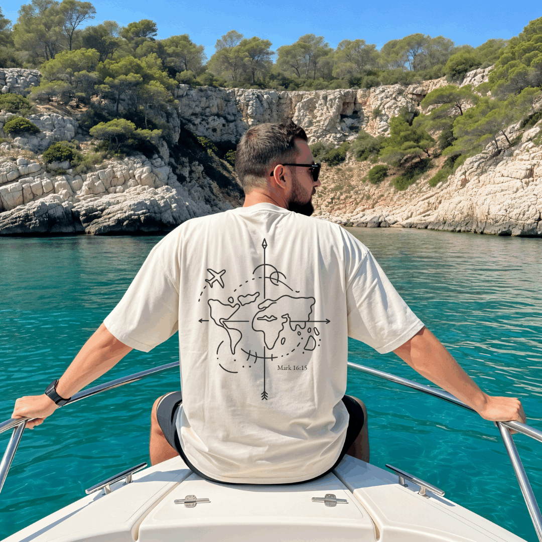 Christian t-shirt with minimalist design of a world map and scripture