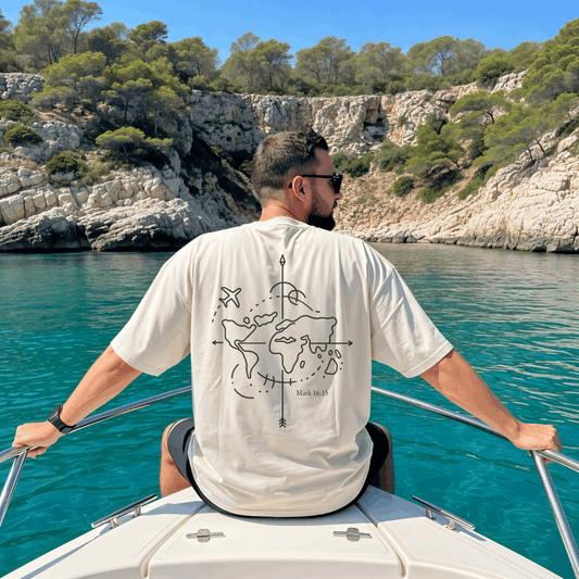 Christian t-shirt with minimalist design of a world map and scripture