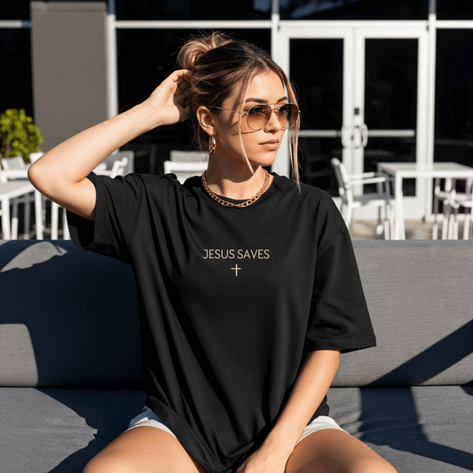 Christian t-shirts with "JESUS SAVES" and cross design