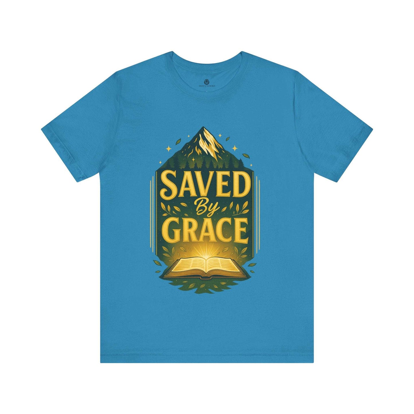 Blue unisex tee with mountain and open Bible graphic and "Saved By Grace" text inspired by Ephesians 2:8 message.
