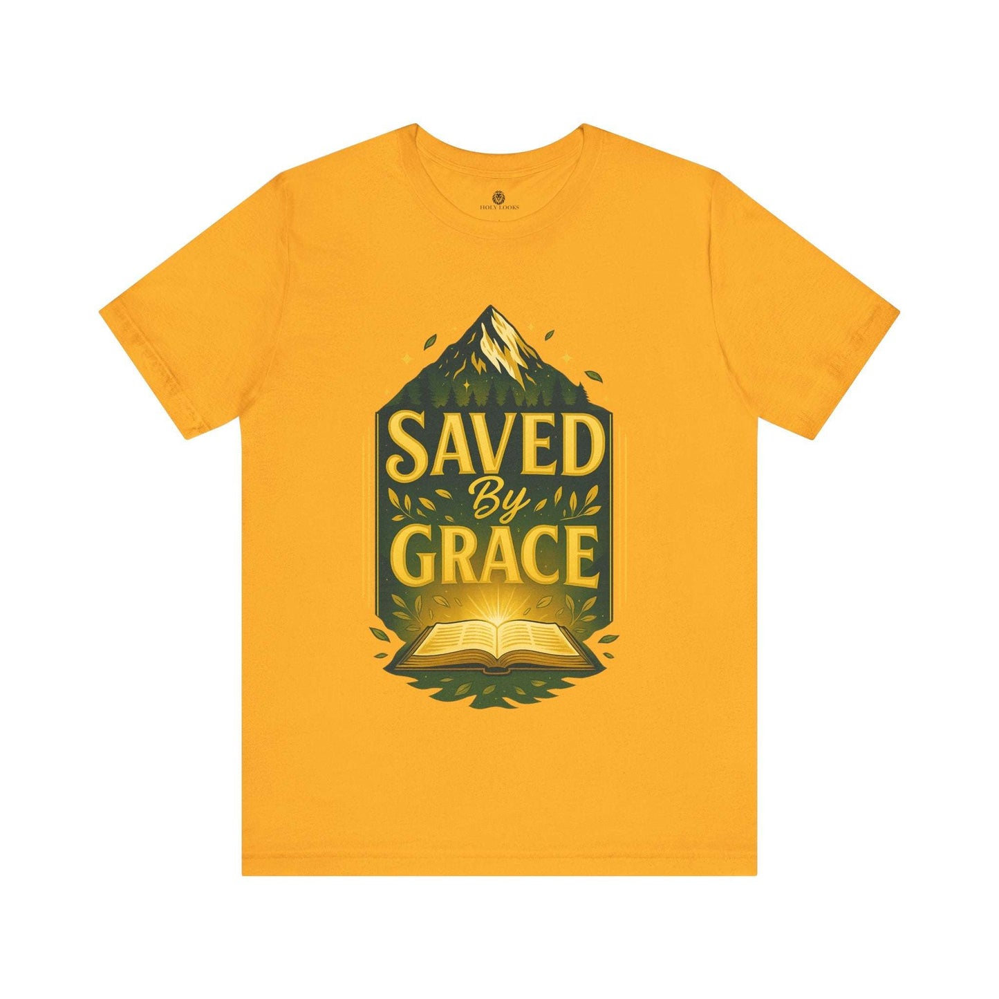 Yellow unisex t-shirt with "Saved By Grace" text and a mountain and Bible graphic inspired by Ephesians 2:8.
