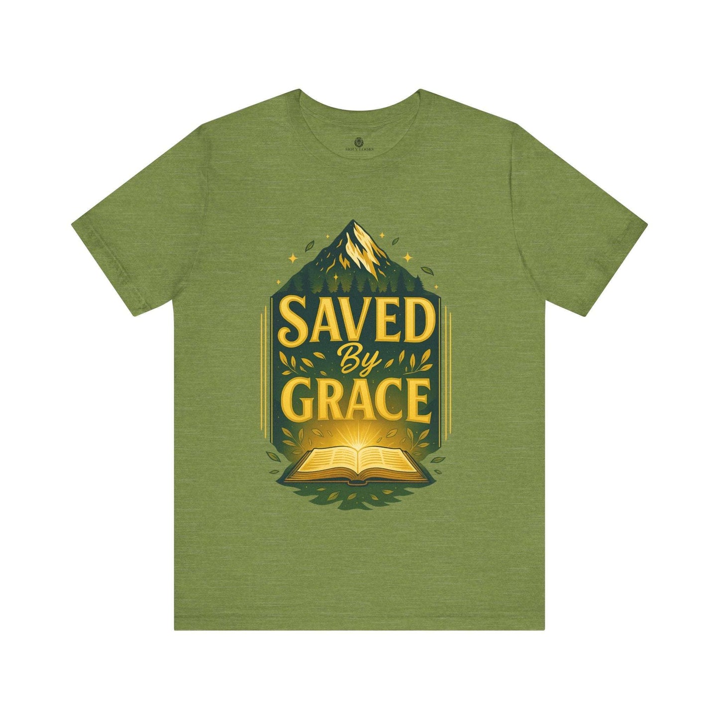 Green relaxed fit t-shirt with a "Saved By Grace" design featuring a mountain and an open Bible illustration