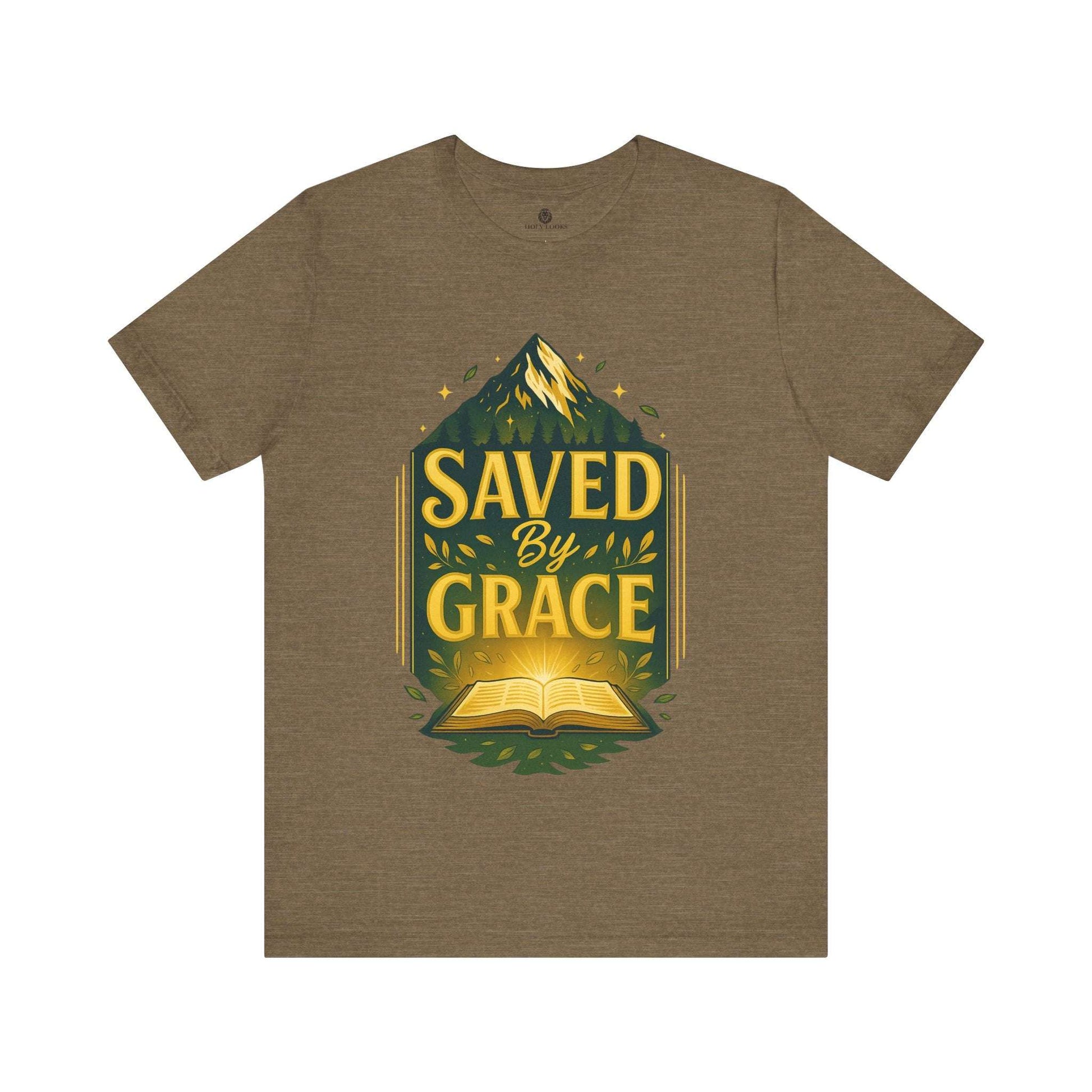Brown unisex t-shirt with mountain, open Bible, and "Saved By Grace" scripture design inspired by Ephesians 2:8