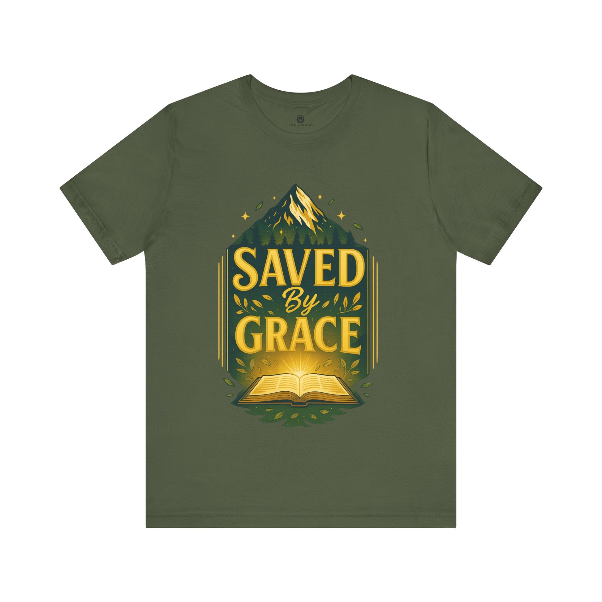 Olive green tee with gold "Saved by Grace" text, mountain and open Bible design, inspired by Ephesians 2:8 message