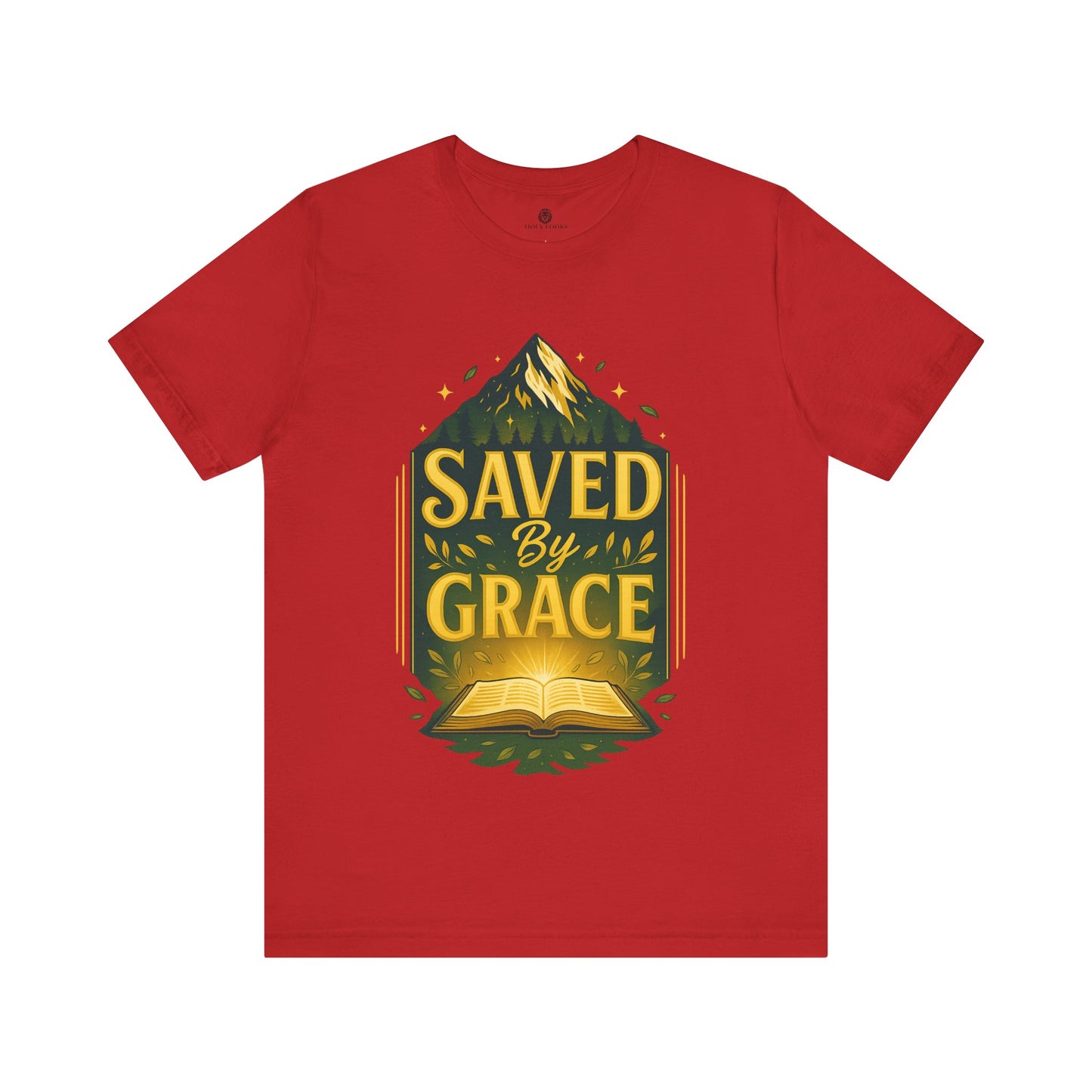 Red unisex t-shirt with mountain, open Bible, and "Saved by Grace" text inspired by Ephesians 2:8 design.