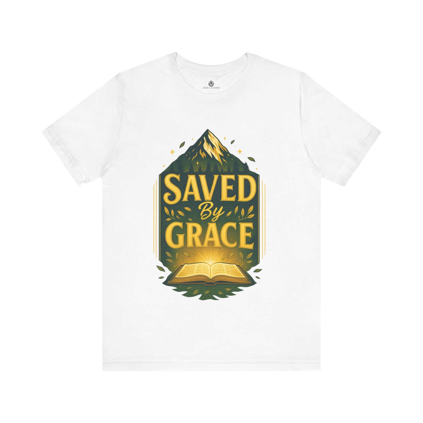 White relaxed unisex tee with a mountain and open Bible design and "Saved by Grace" text inspired by Ephesians 2:8.